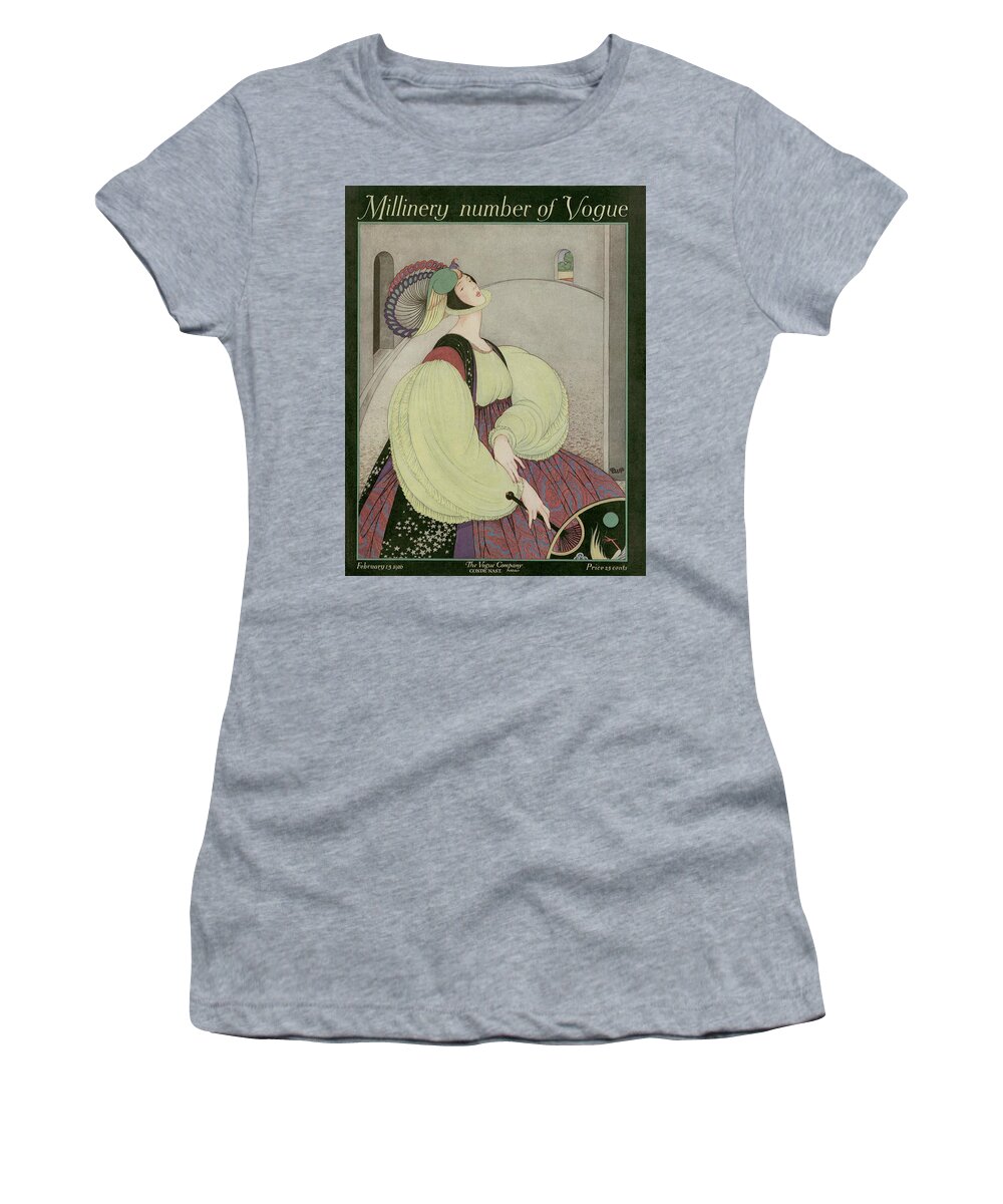 #new2022vogue Women's T-Shirt featuring the painting Vogue Millinery Cover Of A Woman In Renaissance by George Wolfe Plank
