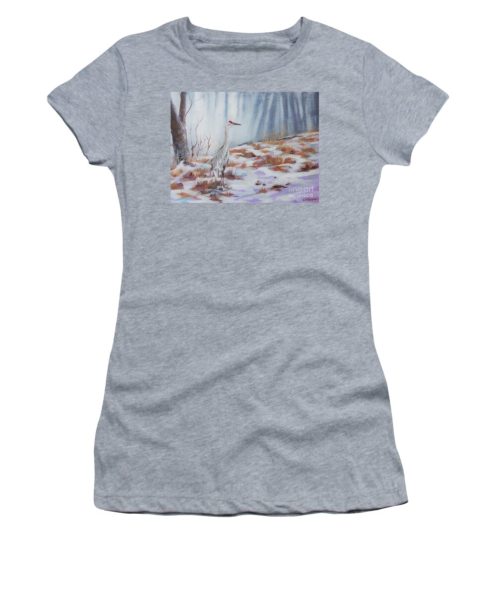 Sandhill Crane Women's T-Shirt featuring the painting Watching Reflections by K M Pawelec