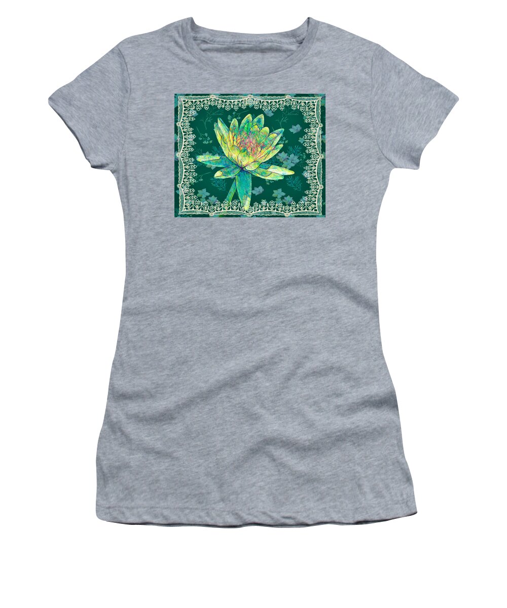 Water Lily Women's T-Shirt featuring the mixed media Water Lily and Lace by Rosalie Scanlon