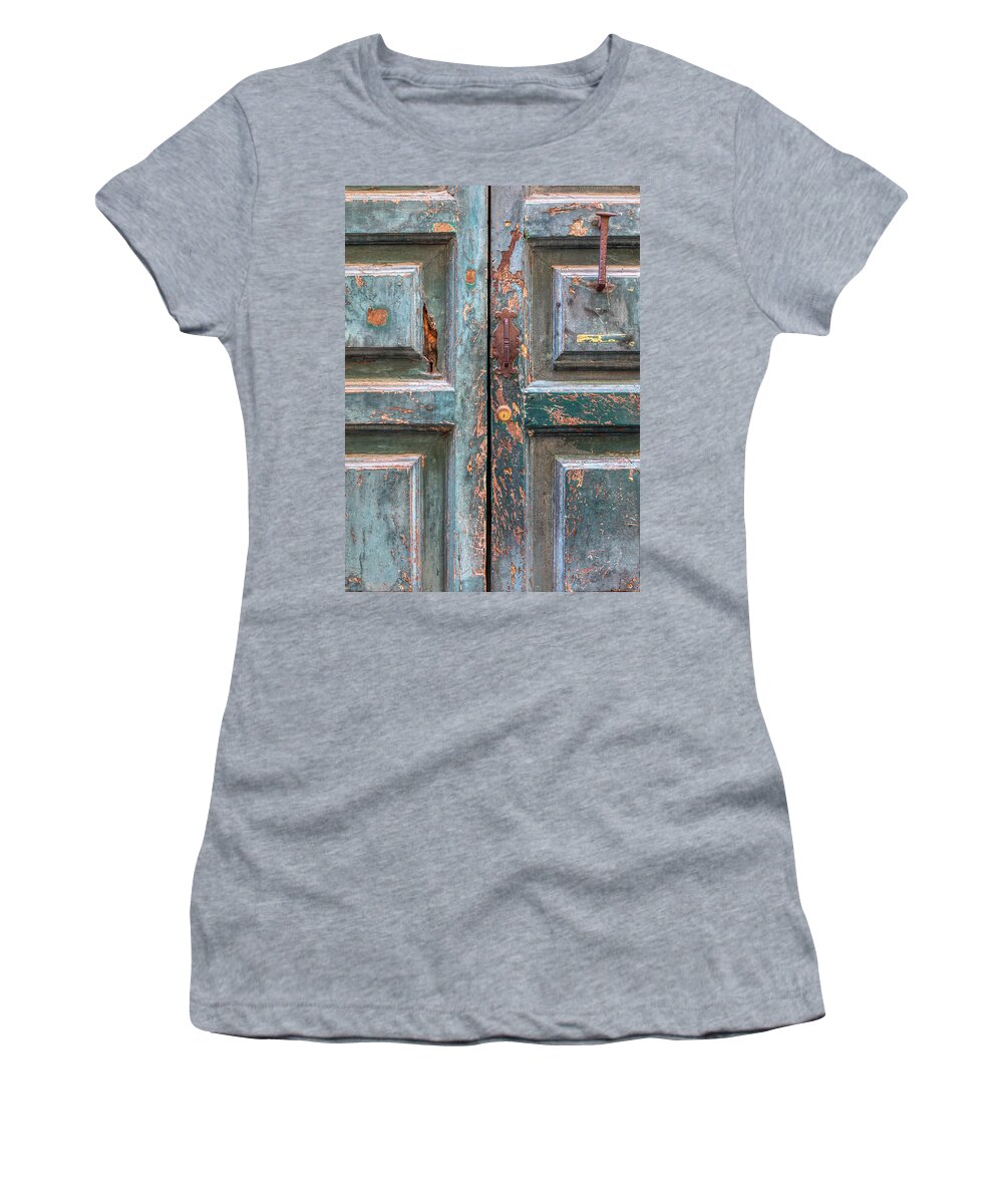 Cortona Women's T-Shirt featuring the photograph Weathered Rustic Green Door of Cortona by David Letts