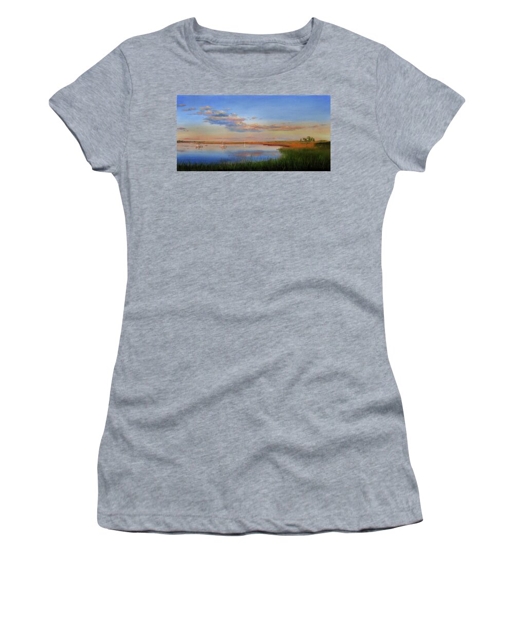 Cape Cod Women's T-Shirt featuring the painting West Bay Landing, Osterville by Jonathan Gladding