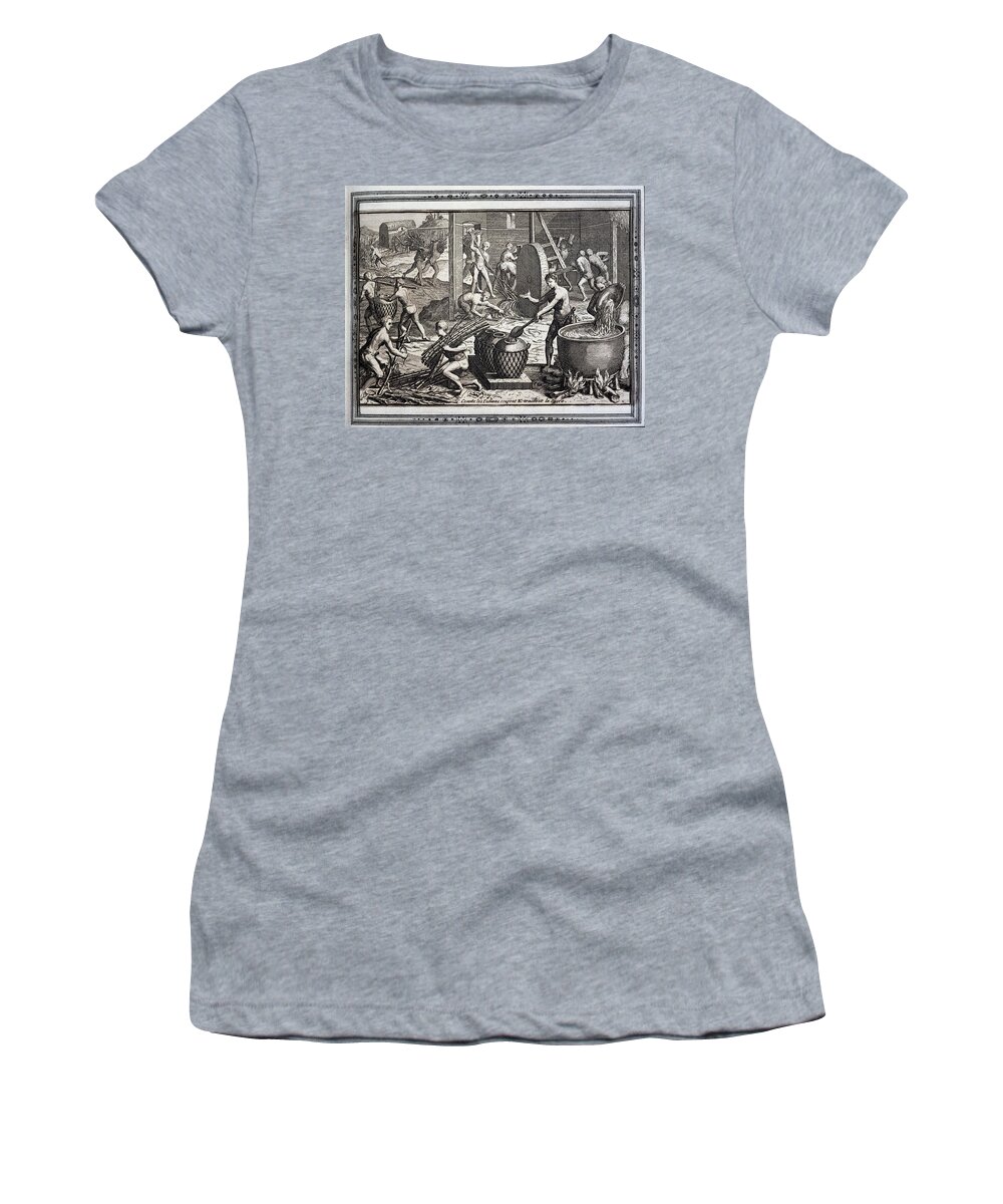Bry Theodore Women's T-Shirt featuring the painting West Indian Travels - 1590 - Indians Of Peru Processing Sugar - 1592. by Theodor de Bry -1528-1598-