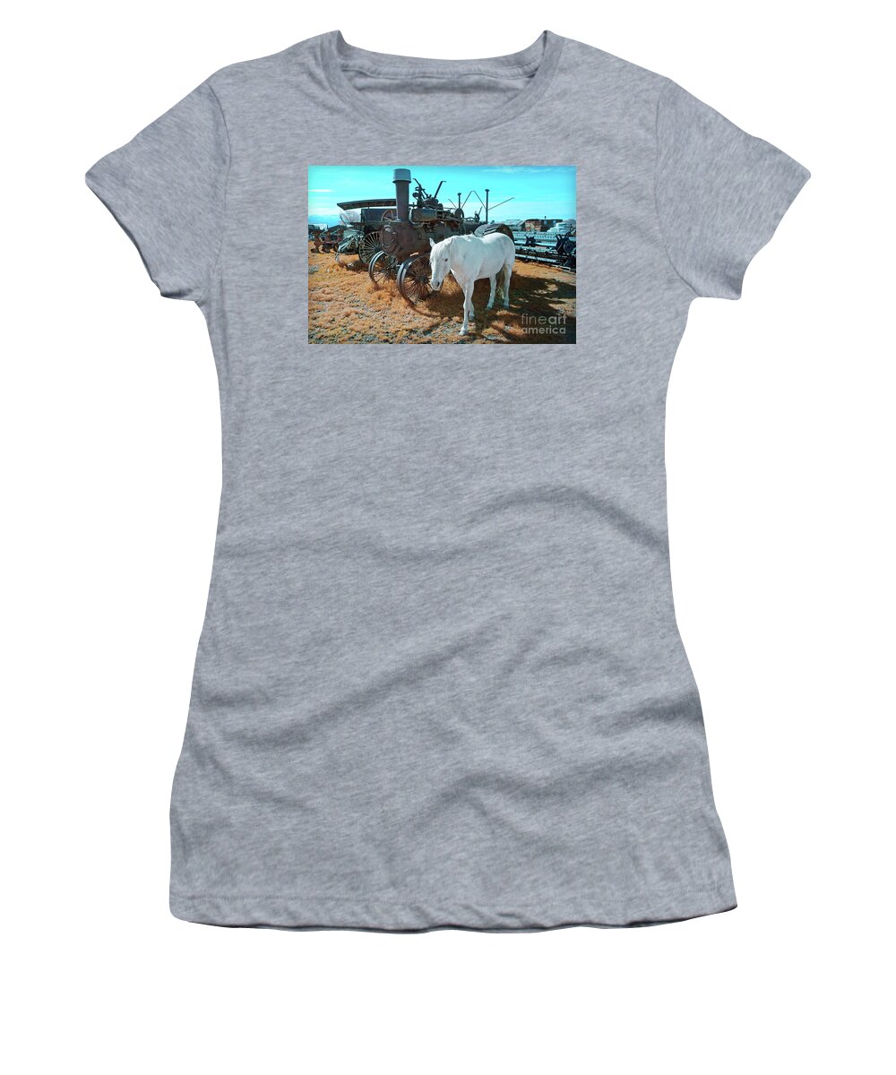 Pasture Women's T-Shirt featuring the photograph White Horse Iron Horse by Martin Konopacki