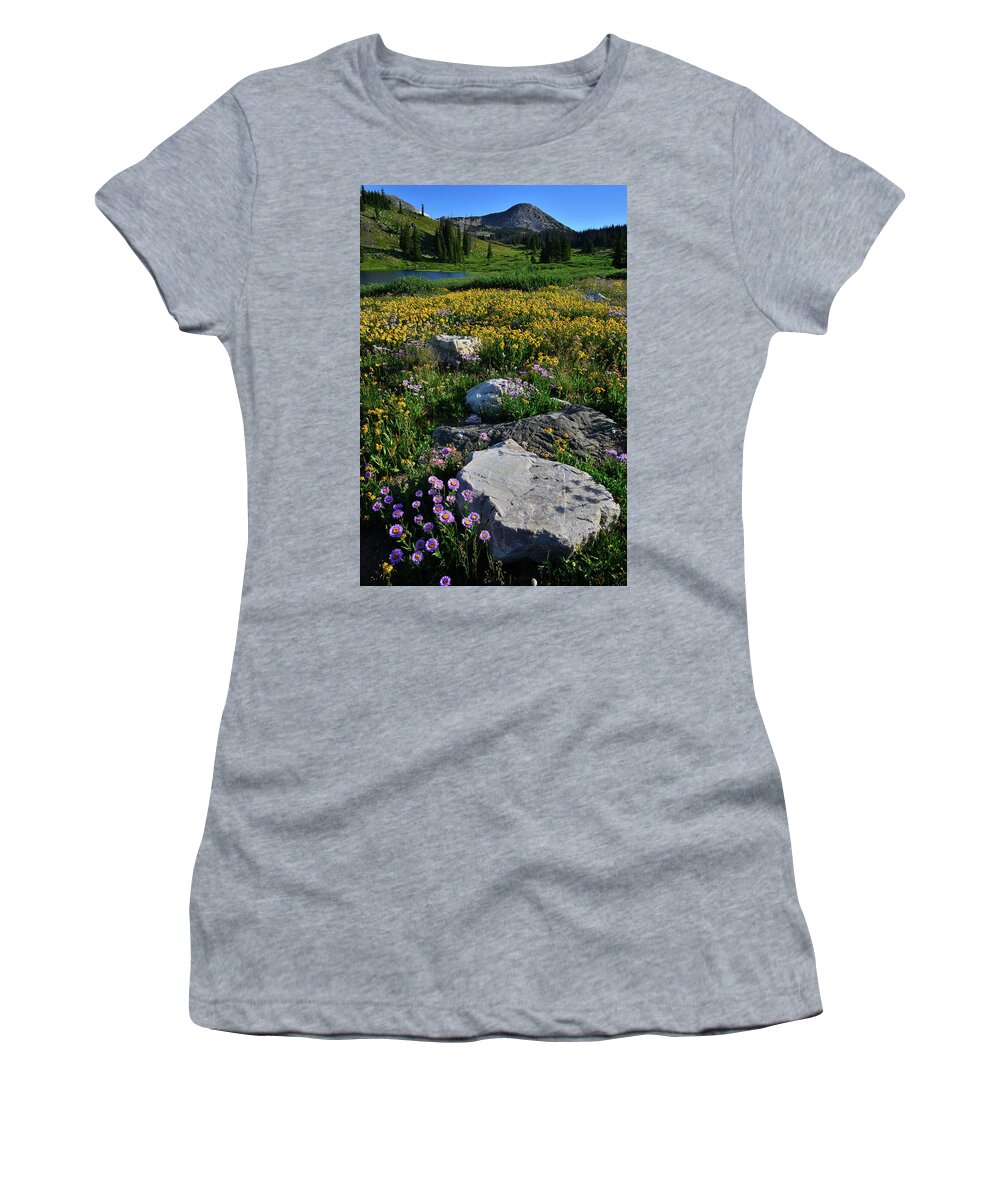 Snowy Range Mountains Women's T-Shirt featuring the photograph Wildflowers Bloom in Snowy Range by Ray Mathis