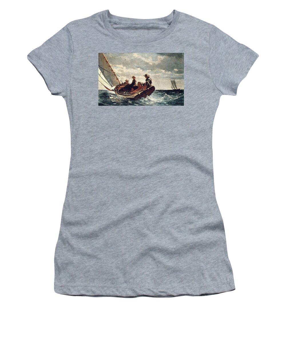 Painting Women's T-Shirt featuring the painting Winslow Homer Breezing Up -A Fair Wind-. Date/Period 1873 - 1876. Painting. by Winslow Homer