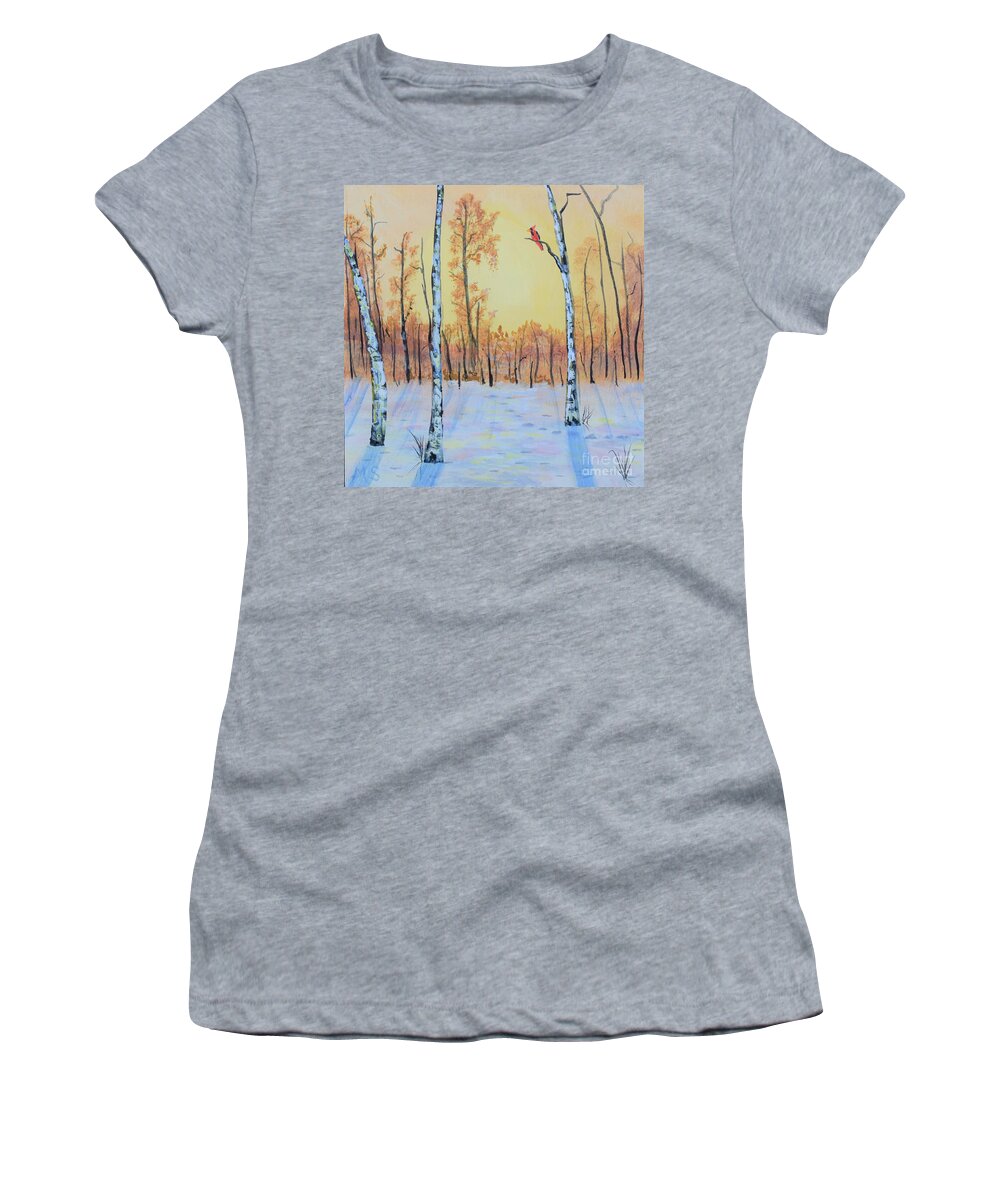 Birch Women's T-Shirt featuring the painting Winter Birches-Cardinal Right by Monika Shepherdson