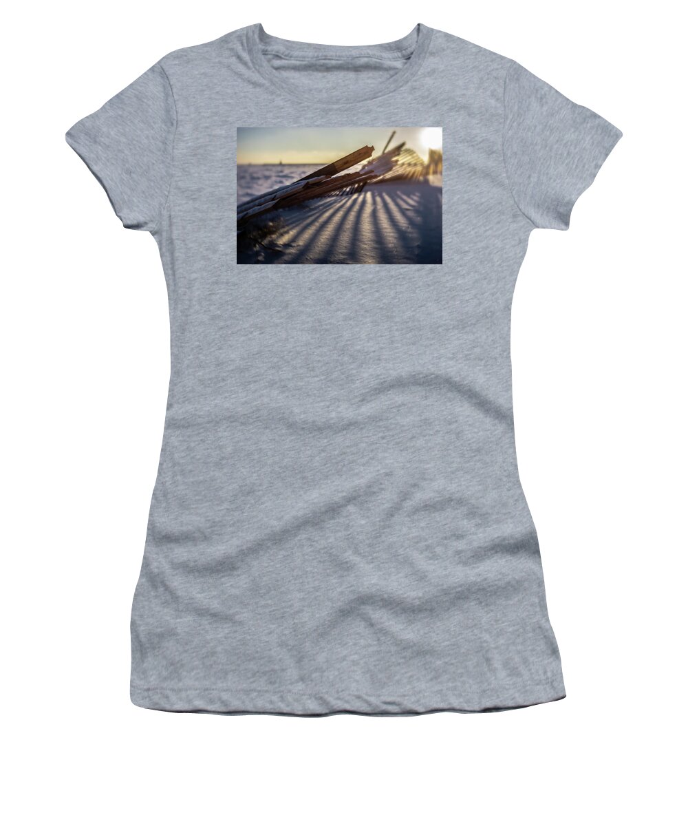 Winter Women's T-Shirt featuring the photograph Winter dunes fence at sunrise by Sven Brogren