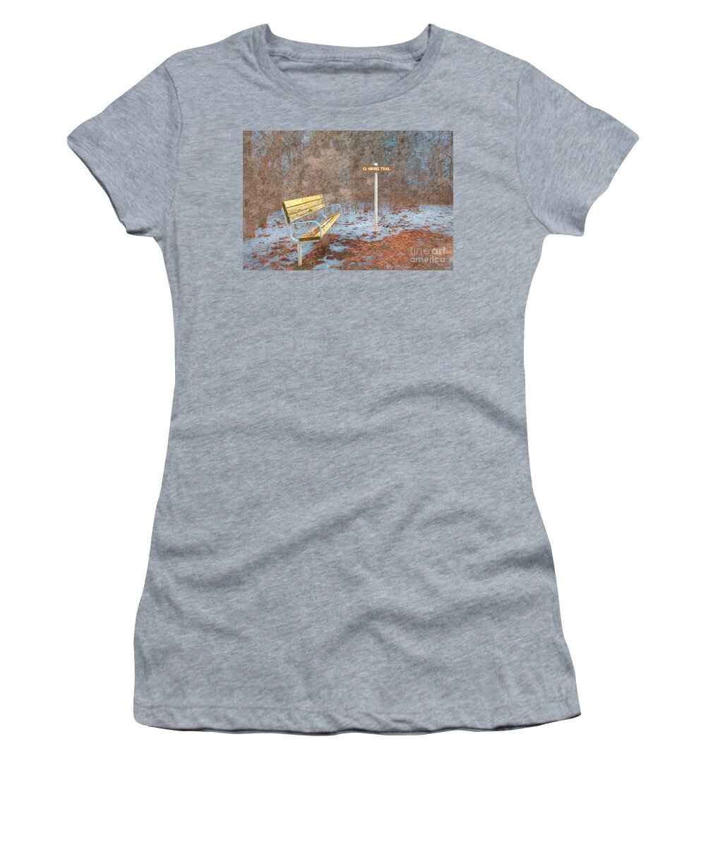 Bench Women's T-Shirt featuring the photograph Winter Hike by Larry Braun