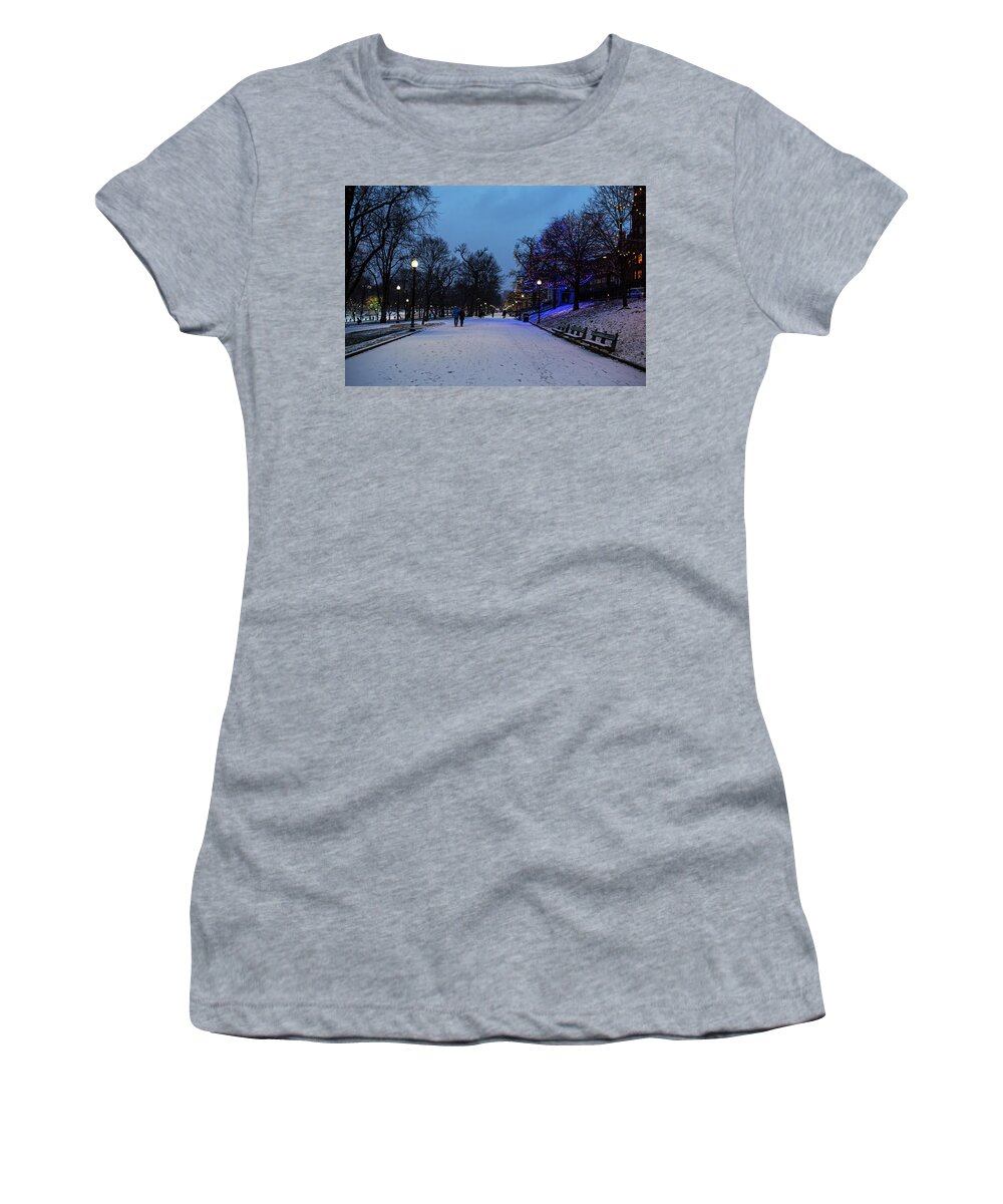 Boston Women's T-Shirt featuring the photograph Winter Stroll through the Boston Common Christmas Lights Boston MA by Toby McGuire