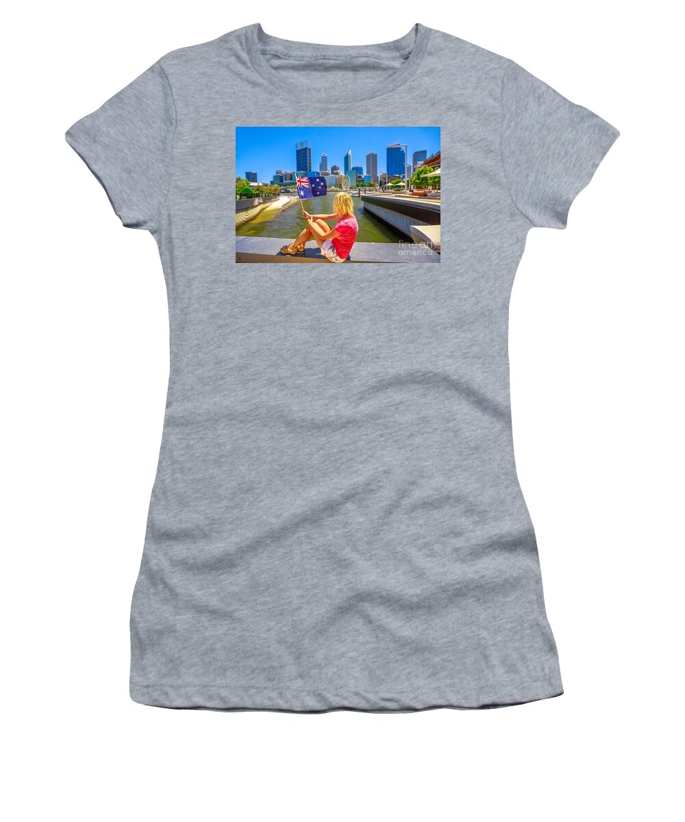 Perth Women's T-Shirt featuring the photograph Woman at Elizabeth Quay Marina by Benny Marty