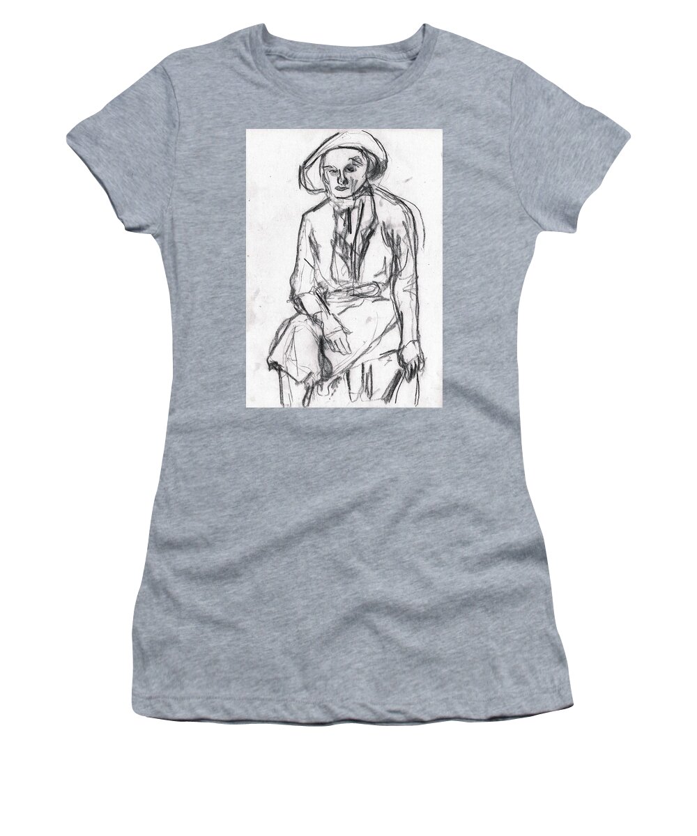 People Women's T-Shirt featuring the drawing Woman in a Hat Drawing by Edgeworth Johnstone