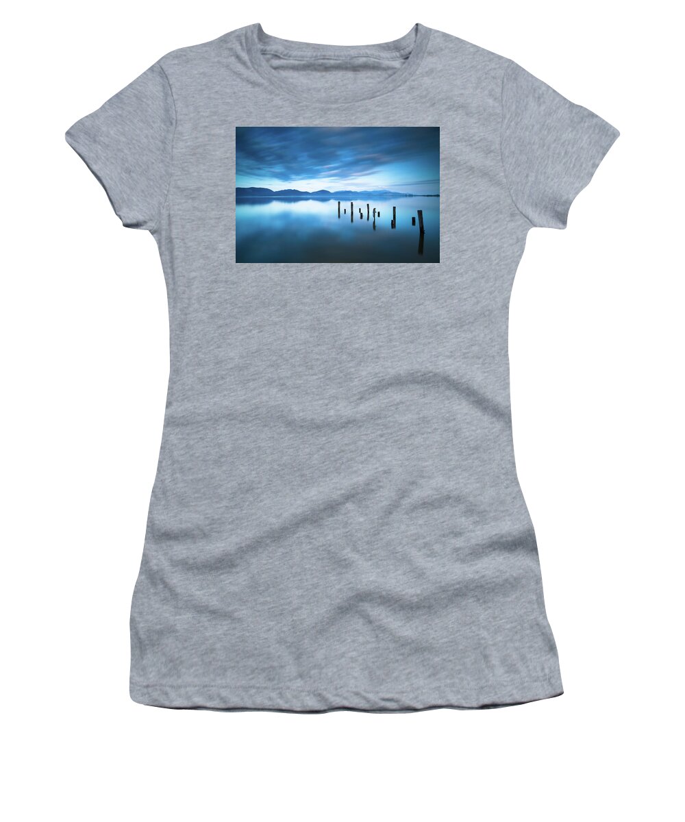 Lake Women's T-Shirt featuring the photograph Lake and Jetty Remains after Sunset by Stefano Orazzini