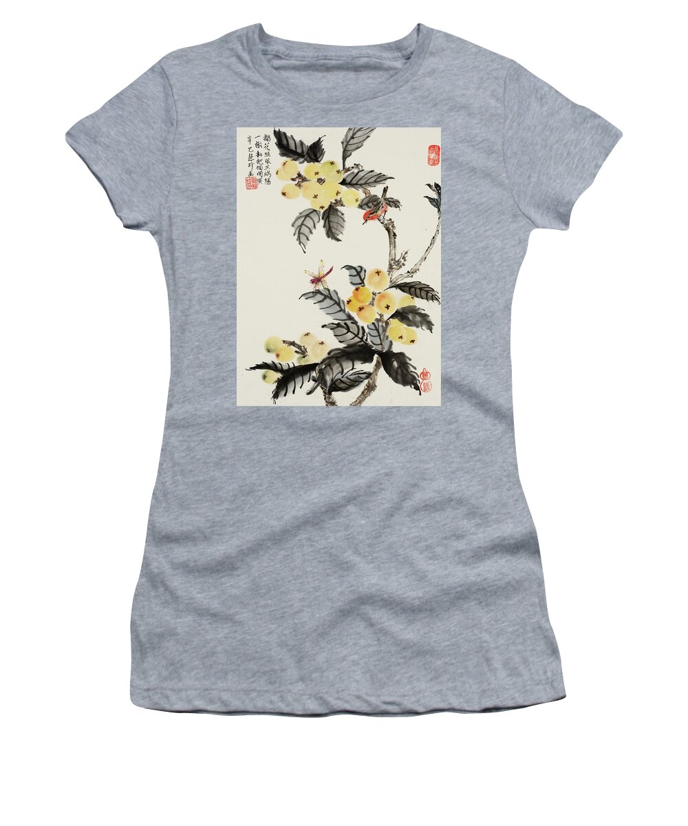 Chinese Watercolor Women's T-Shirt featuring the painting Bird and Dragonfly On the Loquat Tree by Jenny Sanders