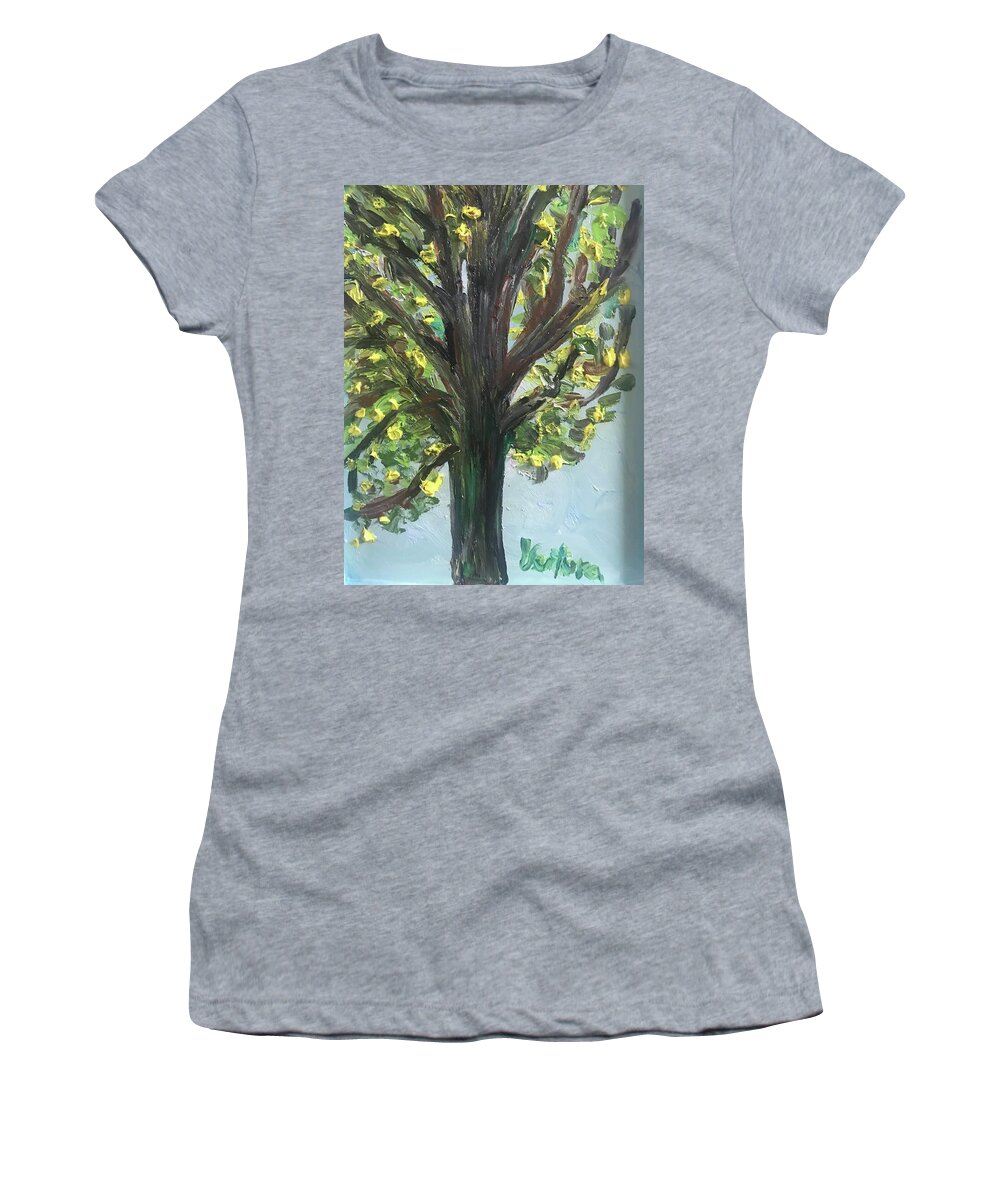 Shower Tree Women's T-Shirt featuring the painting Yellow Flowers in Shower Tree by Clare Ventura
