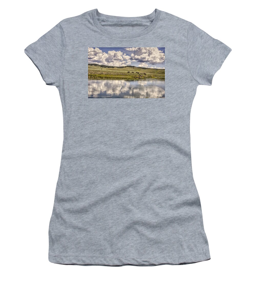 Yellowstone Women's T-Shirt featuring the photograph Yellowstone Lake and Bison by Chance Kafka