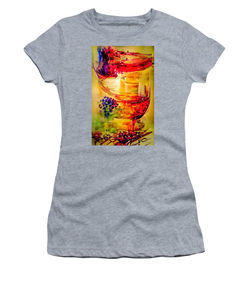 Wine Glasses Women's T-Shirt featuring the digital art A Glass of Rose From the Steampunk Winery AI #1 by Barbara Snyder