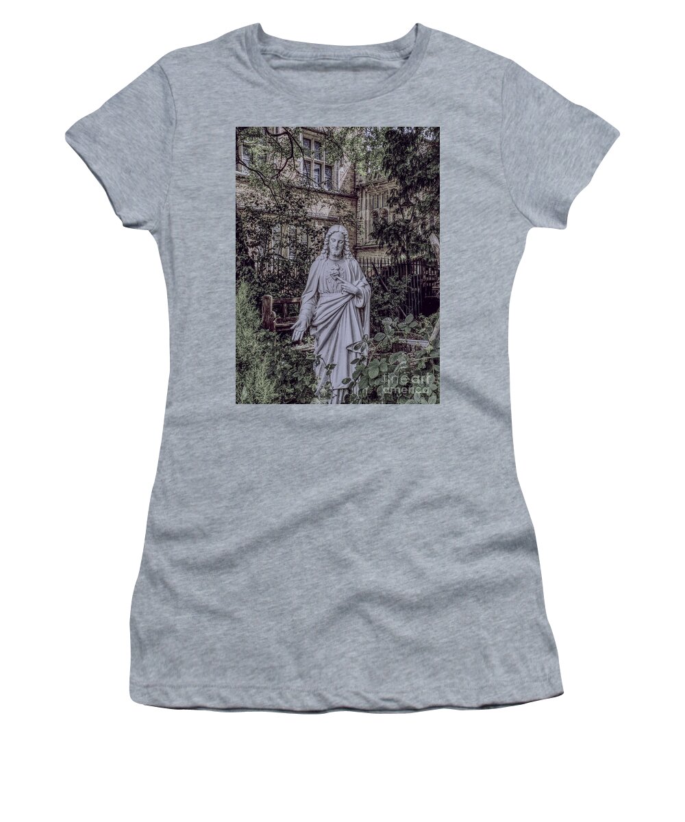 Statue Women's T-Shirt featuring the photograph A statue of Christ in The Church of the Holy Name of Jesus, Oxford Road, Manchester, England. by Pics By Tony