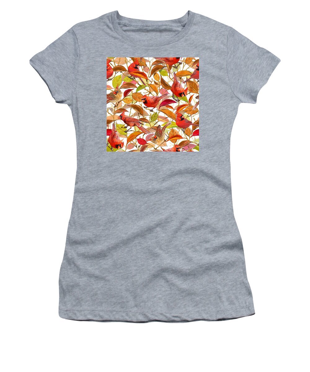 Cardinals Women's T-Shirt featuring the drawing Autumn Cardinals - White #2 by L Diane Johnson