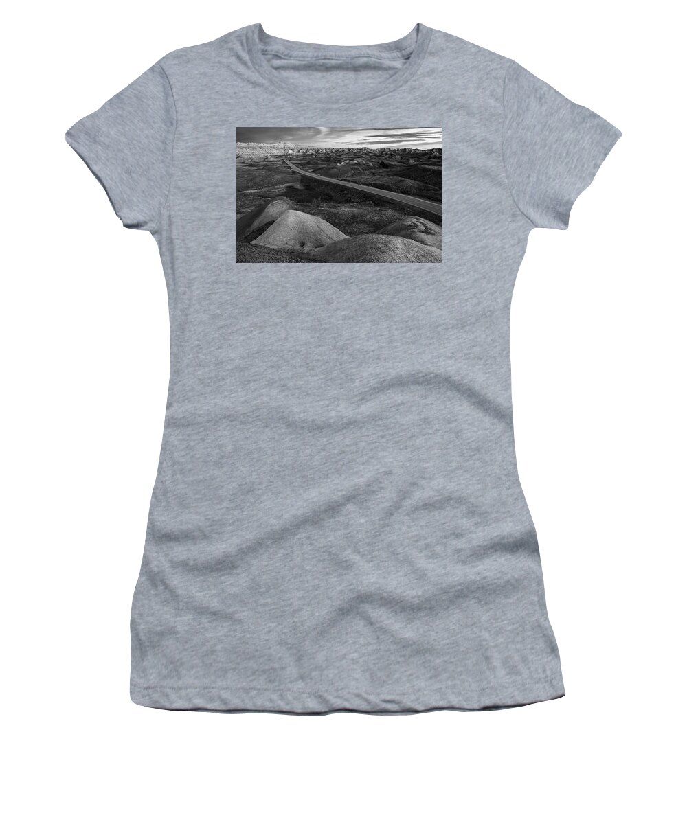 Badlands Road Black And White Women's T-Shirt featuring the photograph Badlands Road Black And White #1 by Dan Sproul