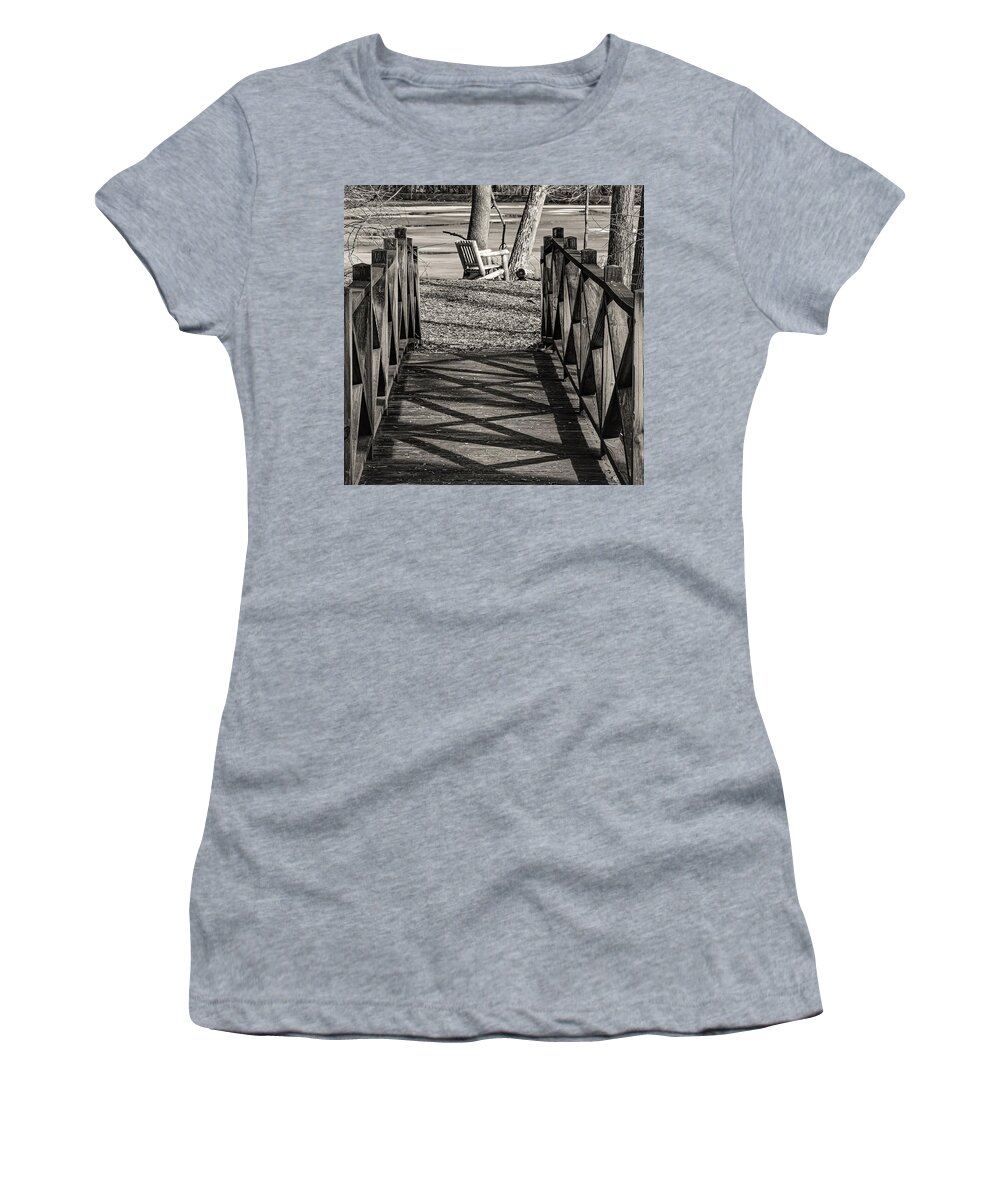 Foot Bridge Water Snow Ice Chair Black White Women's T-Shirt featuring the photograph Baily's arboretum2 #1 by John Linnemeyer
