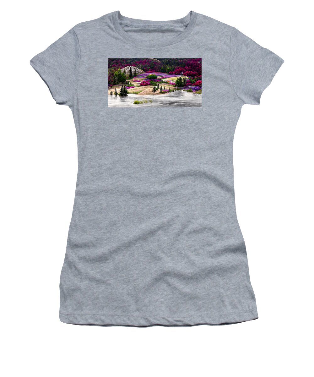 A Beautifully Strange Painting Of A Gorgeous Landscape Women's T-Shirt featuring the digital art flowers at Sunset2 by Frederick Butt