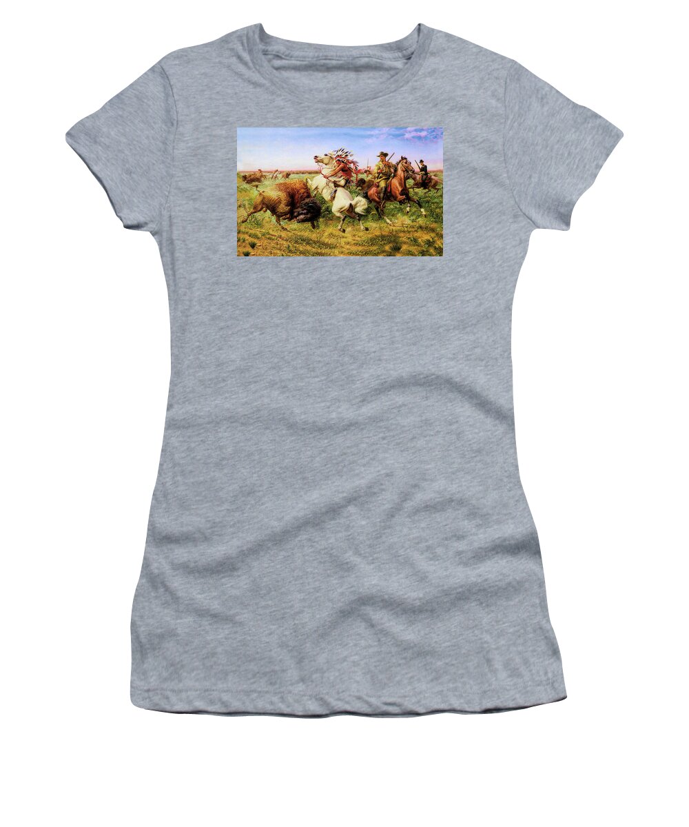 Western Women's T-Shirt featuring the painting Great Royal Buffalo Hunt #1 by Louis Maurer