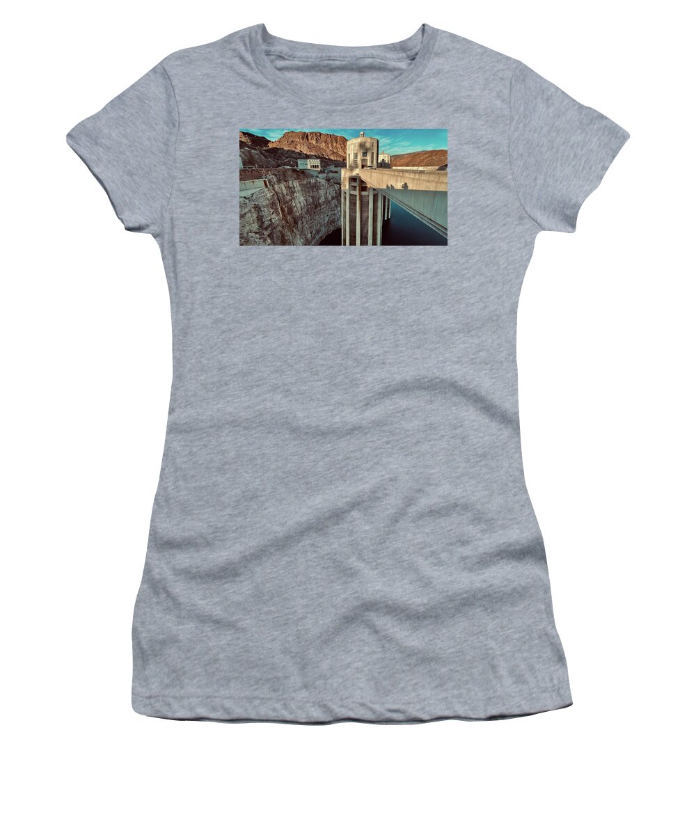 #travel #traveling #vacation #visiting #traveler #instatravel #reels #instagood #trip #holiday #photooftheday #fun #travelling #tourism #tourist #instapassport #instatraveling #mytravelgram #travelgram #travelingram #lakemead #instalife #instalive #nevada #arizona #travelblog #hooverdam Women's T-Shirt featuring the photograph Hoover Dam #1 by Sviatlana Kandybovich