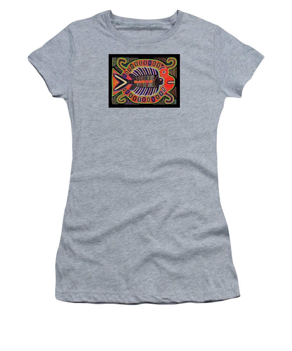 Mola Flying Fish Women's T-Shirt featuring the digital art Kuna Indian Pescado Mola #1 by Vagabond Folk Art - Virginia Vivier