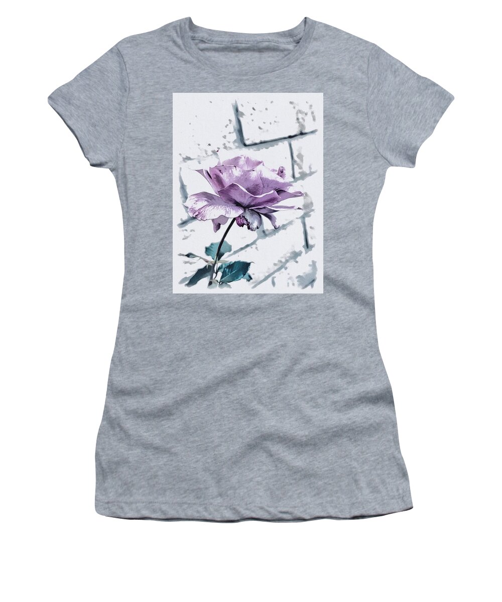 Rose Flower Lavender White Green Leaves Grey Wall Women's T-Shirt featuring the digital art Lavender Rose #1 by Kathleen Boyles