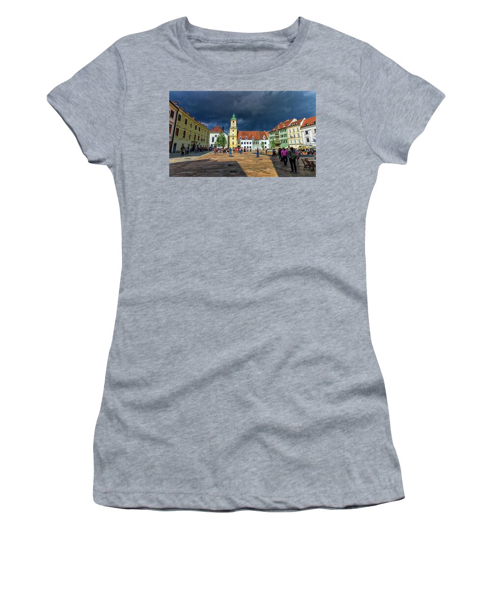 Slovakia Women's T-Shirt featuring the photograph Main square in the old town of Bratislava, Slovakia #1 by Elenarts - Elena Duvernay photo