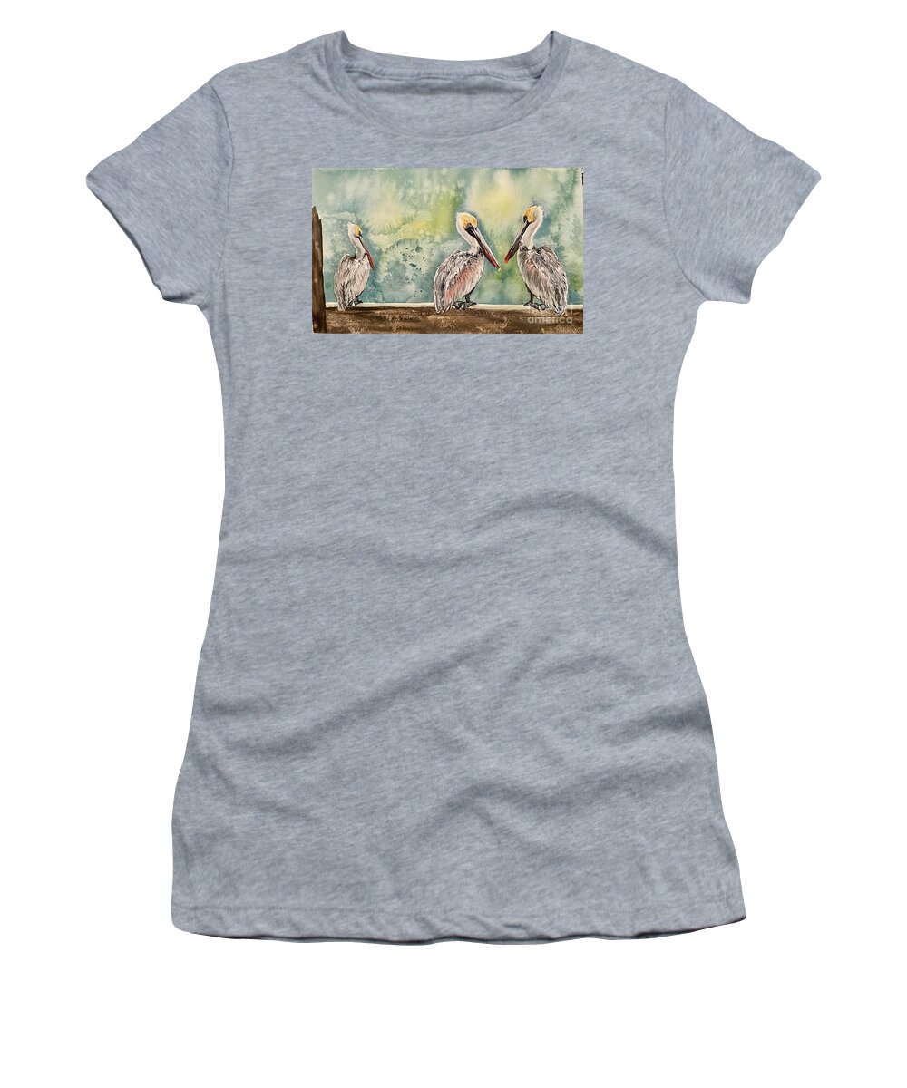 Brown Pelicans Women's T-Shirt featuring the painting Mean Girls by Diane Ziemski