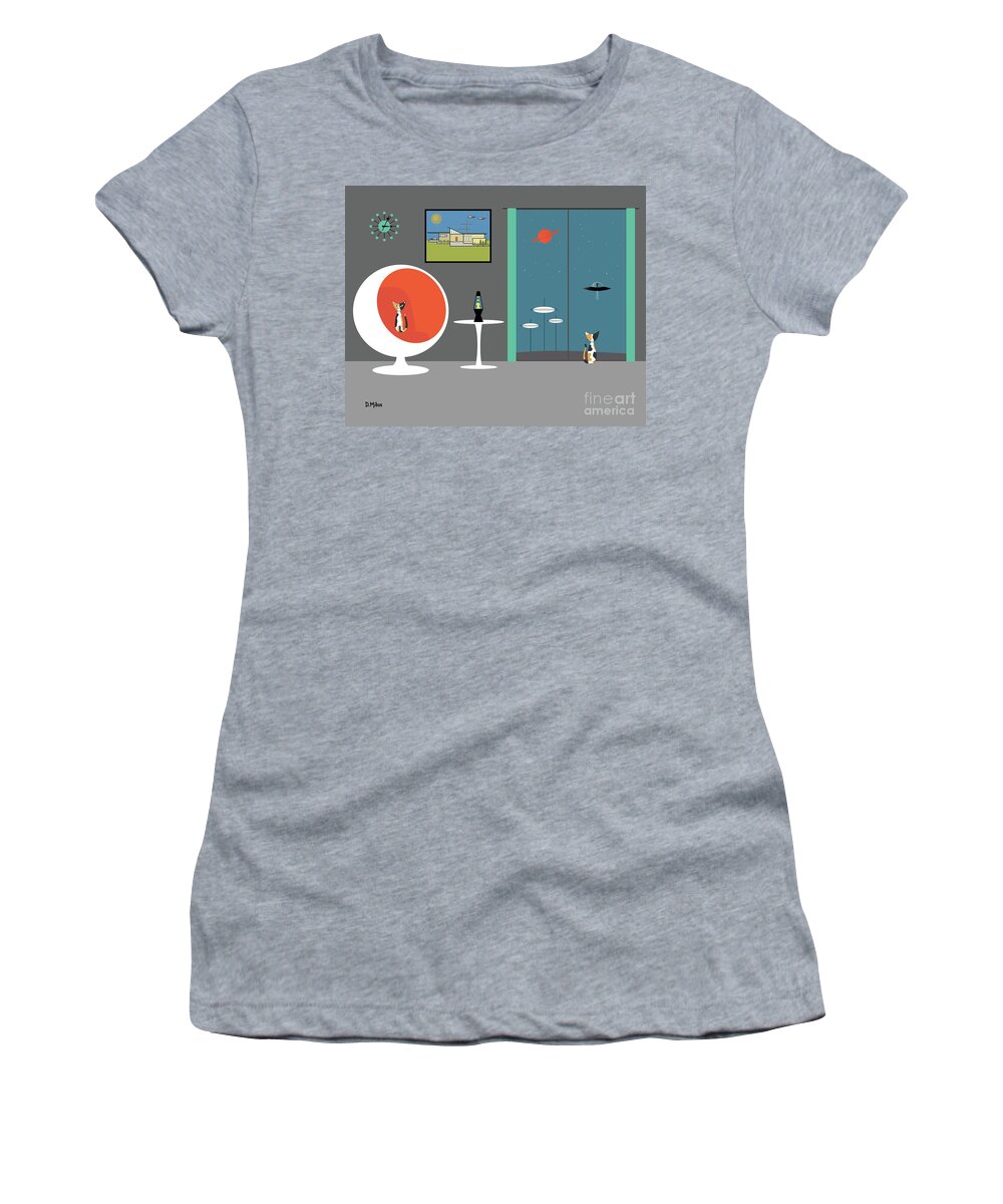 Mid Century Modern Women's T-Shirt featuring the digital art Mid Century Cat Spies Flying Saucer #1 by Donna Mibus