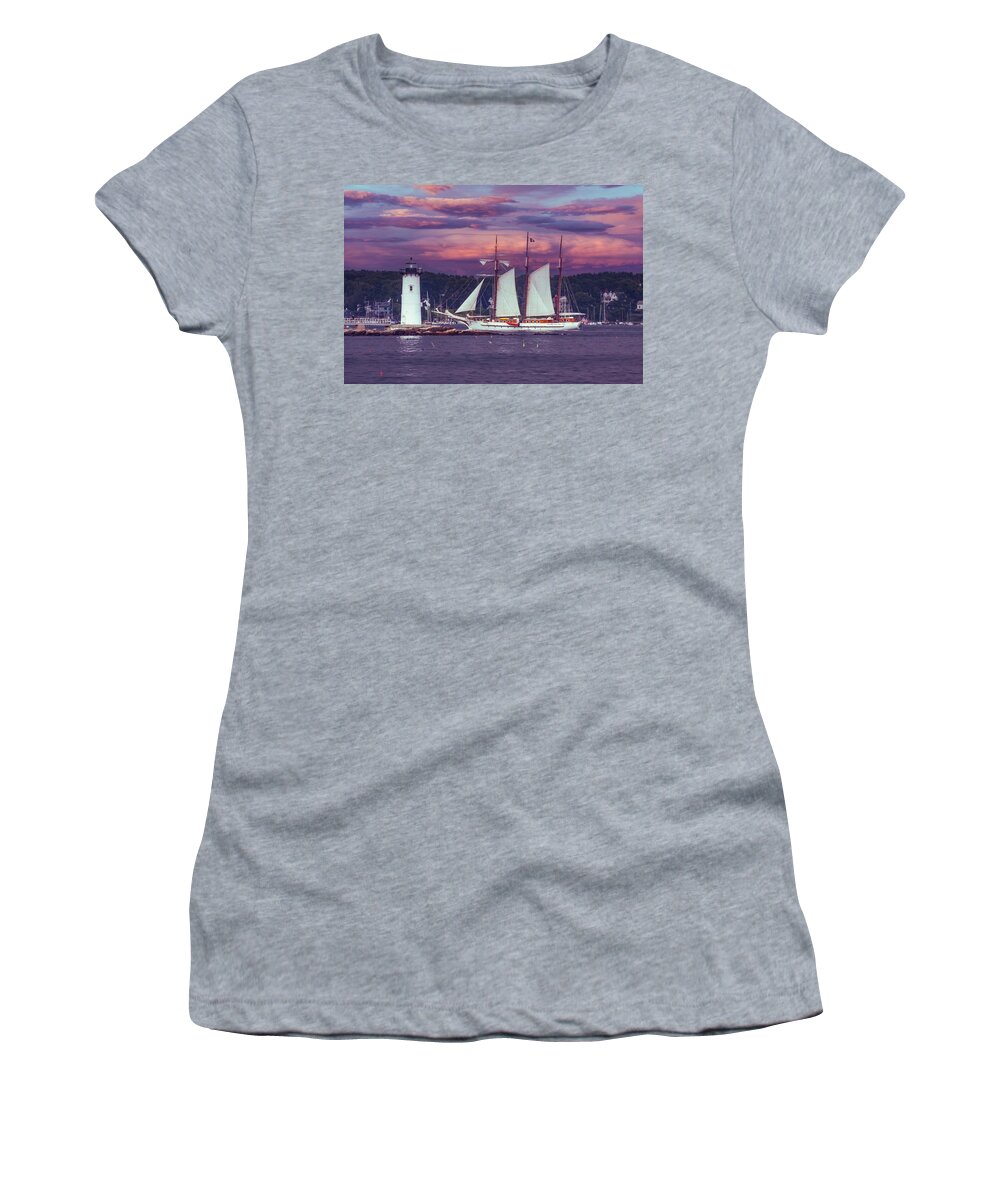 Atlantic Ocean Women's T-Shirt featuring the photograph Mystic Sailing past Portsmouth Lighthouse by Jeff Folger