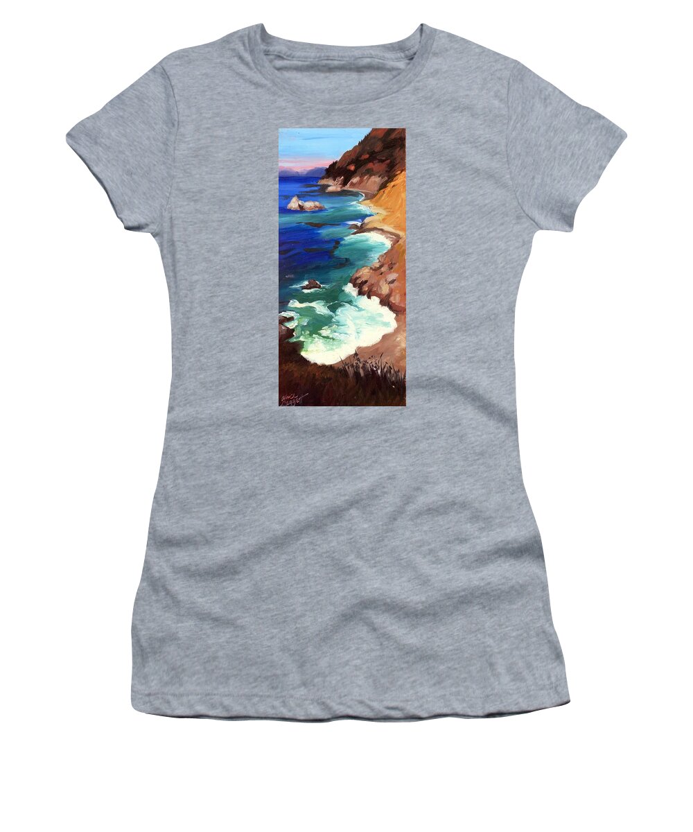 Cliff Women's T-Shirt featuring the painting Ocean View at Big Sur #1 by Alice Leggett