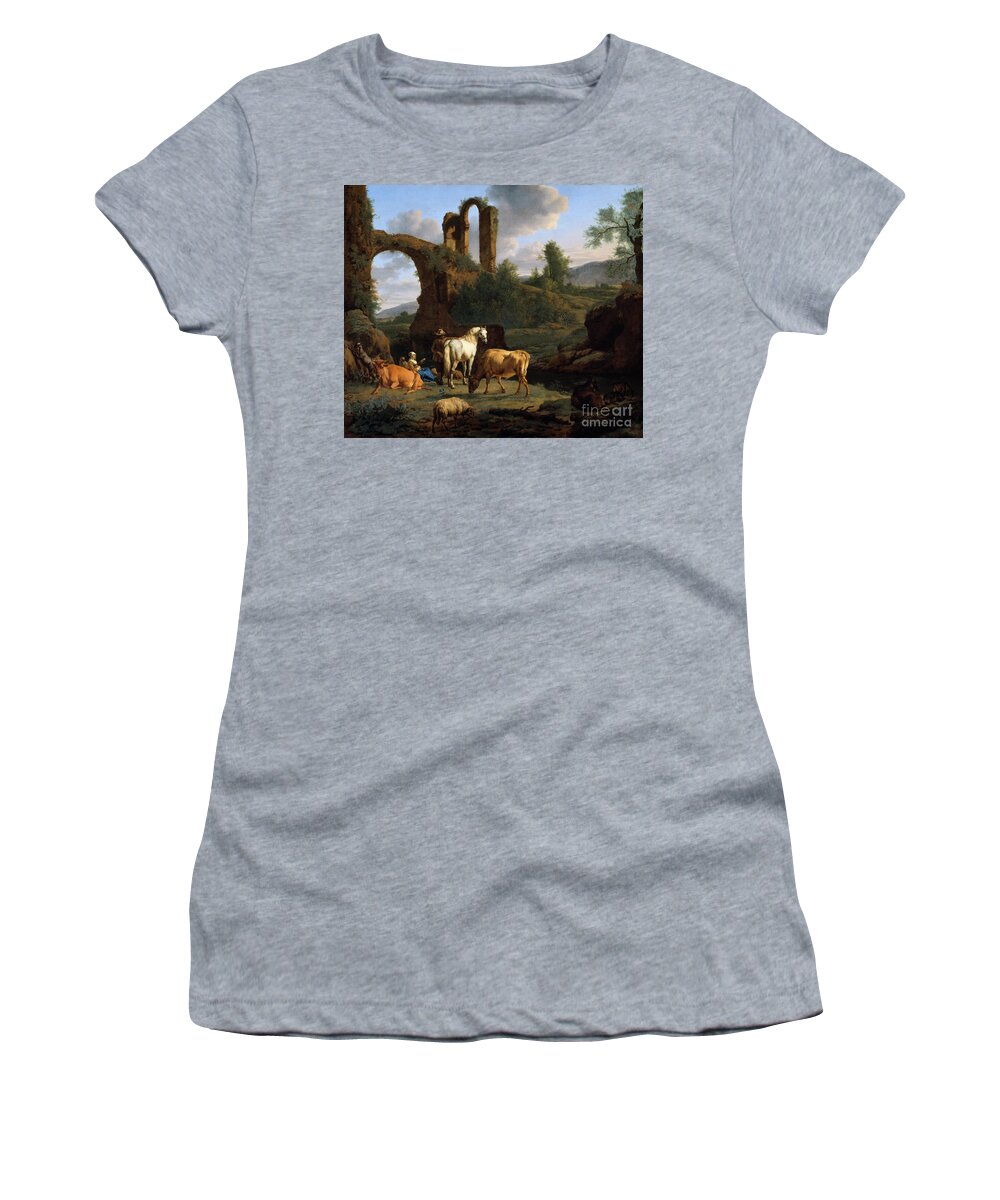 Pastoral Landscape Women's T-Shirt featuring the painting Pastoral Landscape with Ruins #1 by Adriaen van de Velde