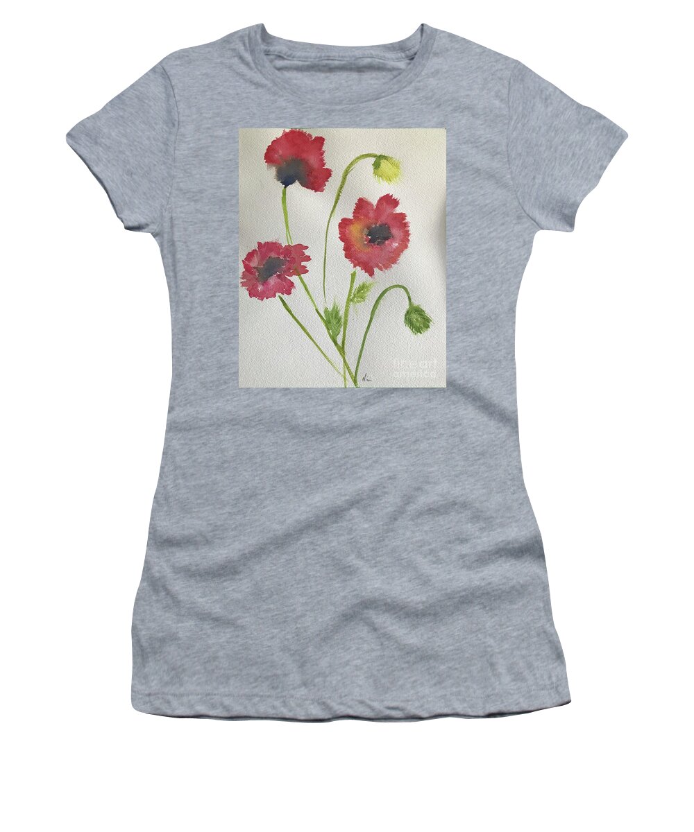 Watercolour Poppies Series Women's T-Shirt featuring the painting Poppies #1 by Nina Jatania