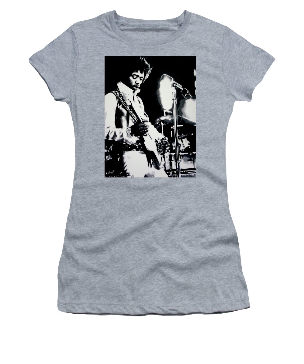 Jimi Hendrix Women's T-Shirt featuring the painting Purple Rain #1 by Hood MA Central St Martins London