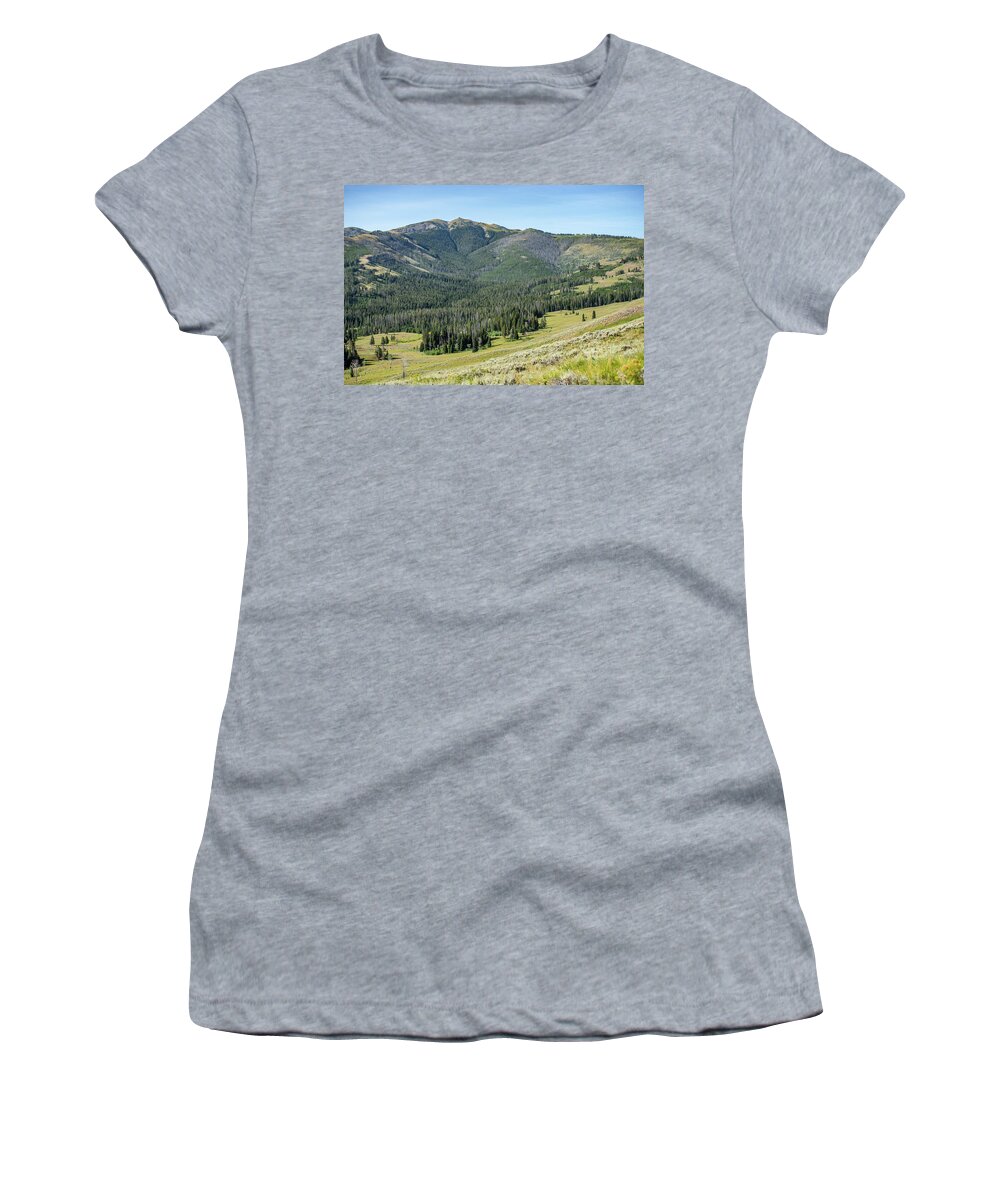 Hiking Women's T-Shirt featuring the photograph scenery at Mt Washburn trail in Yellowstone National Park, Wyomi #1 by Alex Grichenko