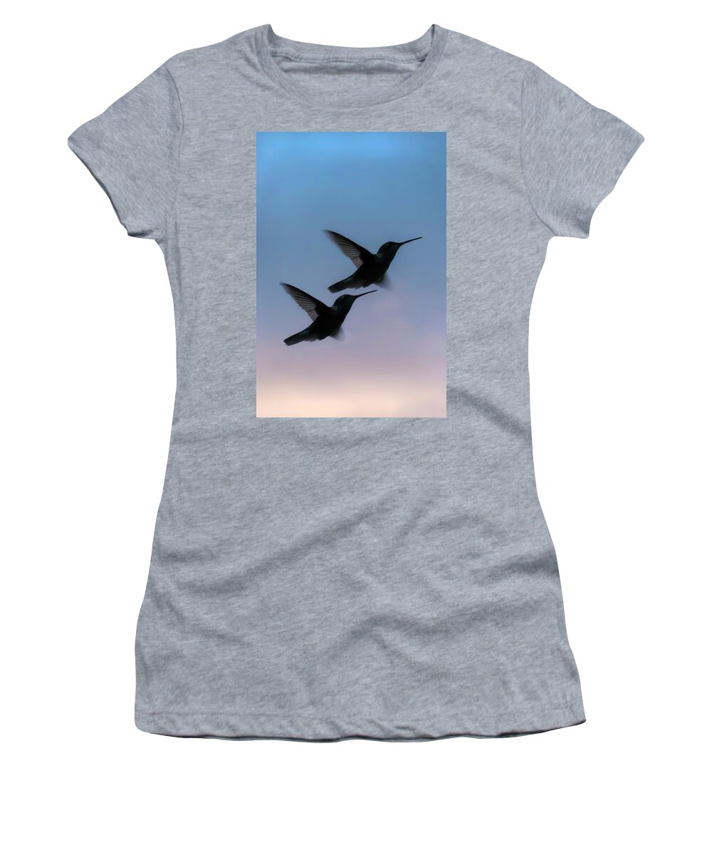 Silhouette Of Hummingbirds Women's T-Shirt featuring the photograph Silhouette of Hummingbirds #1 by Sandra J's