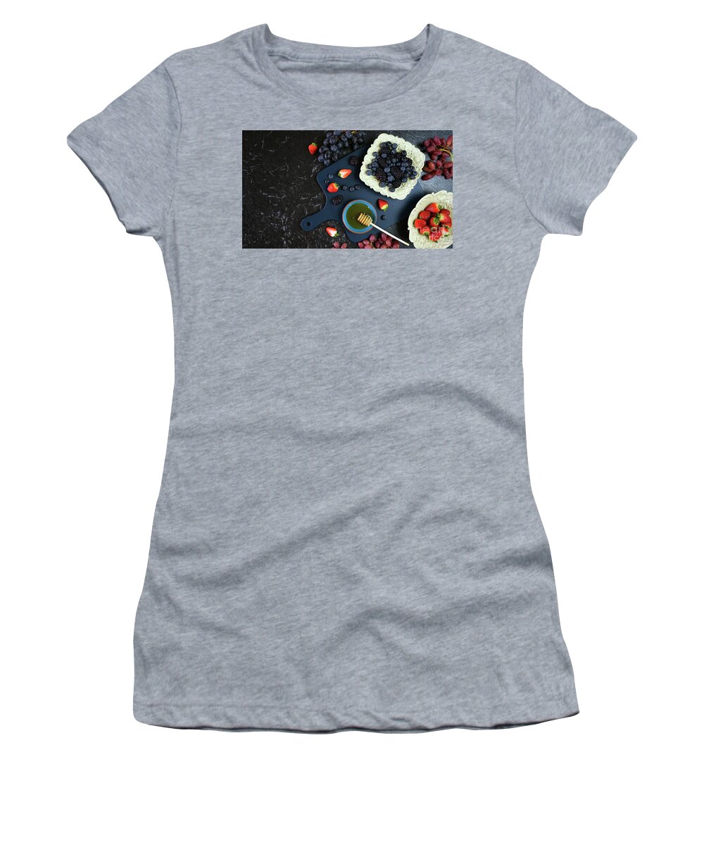 Food Women's T-Shirt featuring the photograph Summer berries in vintage setting creative flatlay top view. #1 by Milleflore Images