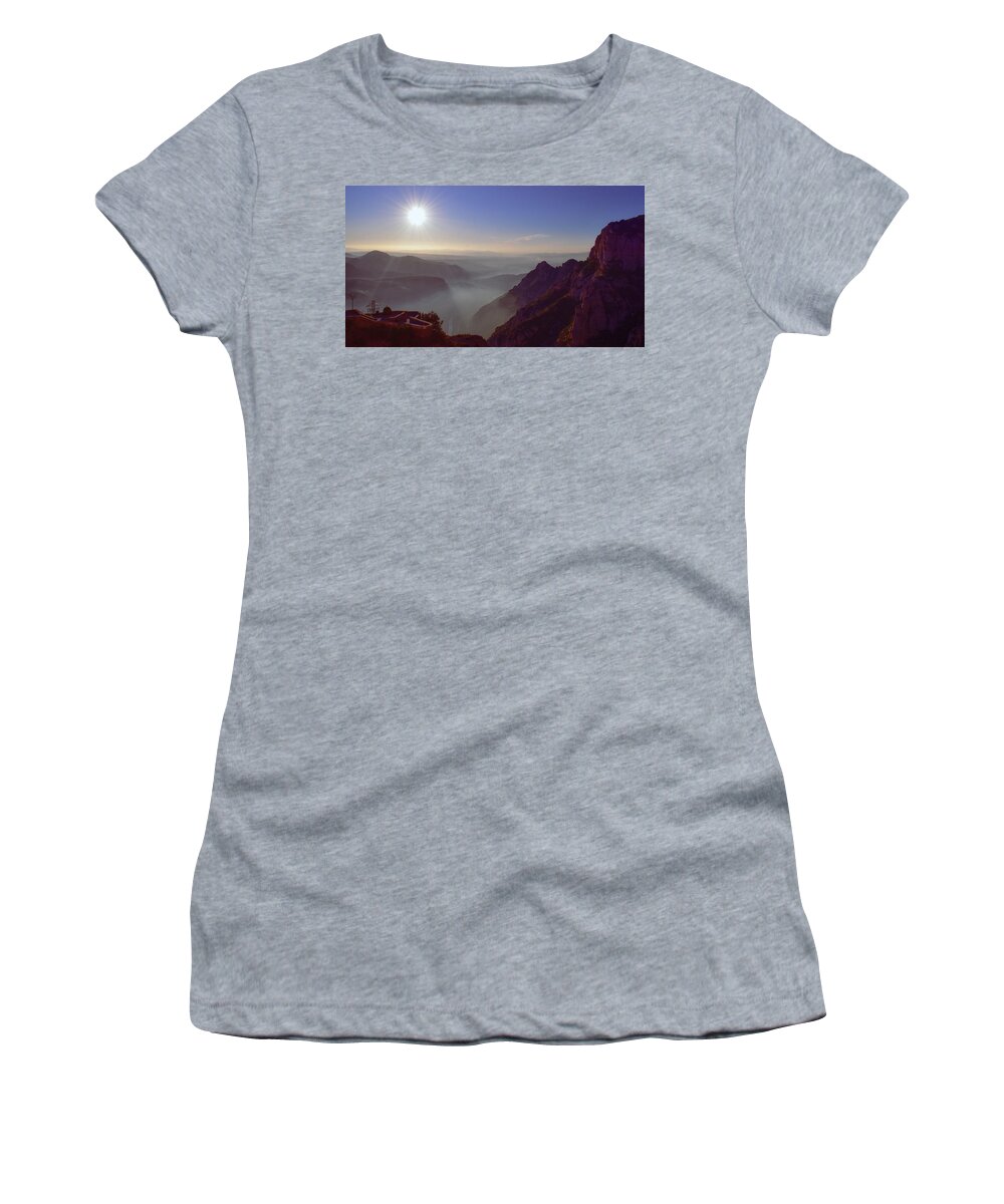 Sunrise Women's T-Shirt featuring the photograph Sunrise over the mountains from Abbey of Montserrat #2 by Christina McGoran