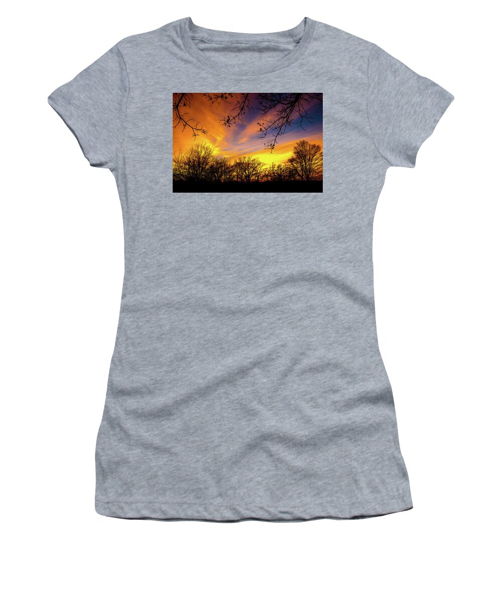 Sunset Lockport Illinois Colorful Silhouette Women's T-Shirt featuring the photograph Sunset in Lockport, Illinois #1 by David Morehead