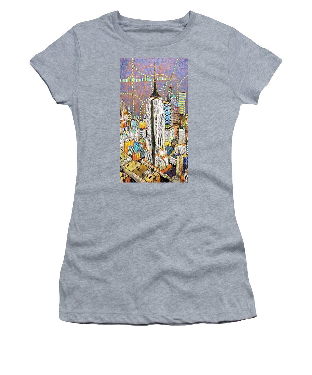Skyline Women's T-Shirt featuring the painting The Empire of Manhattan NYC skyline with Empire state building by Habib Ayat