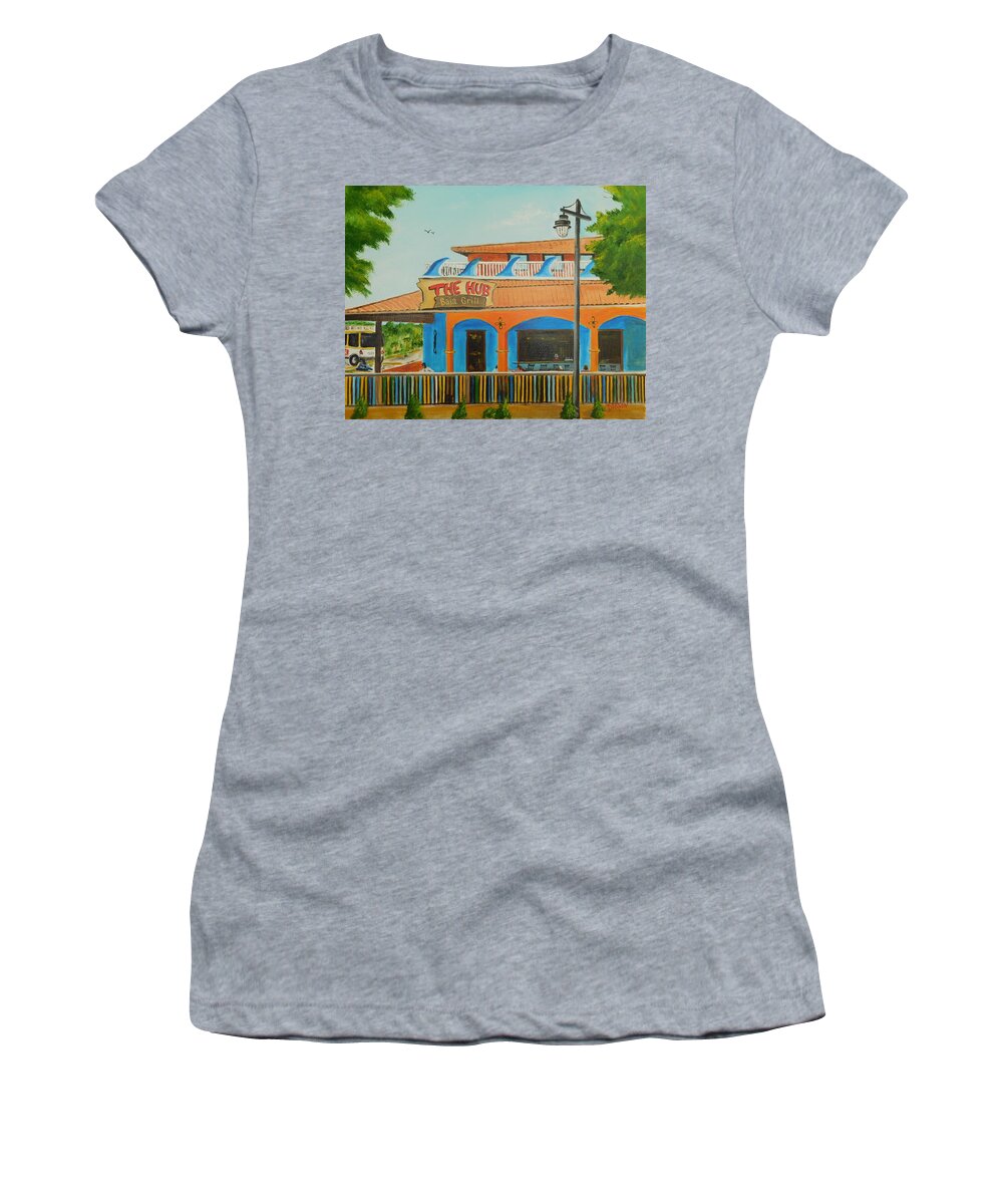 The Hub Women's T-Shirt featuring the painting The Hub Baja Grill On Siesta Key #2 by Lloyd Dobson