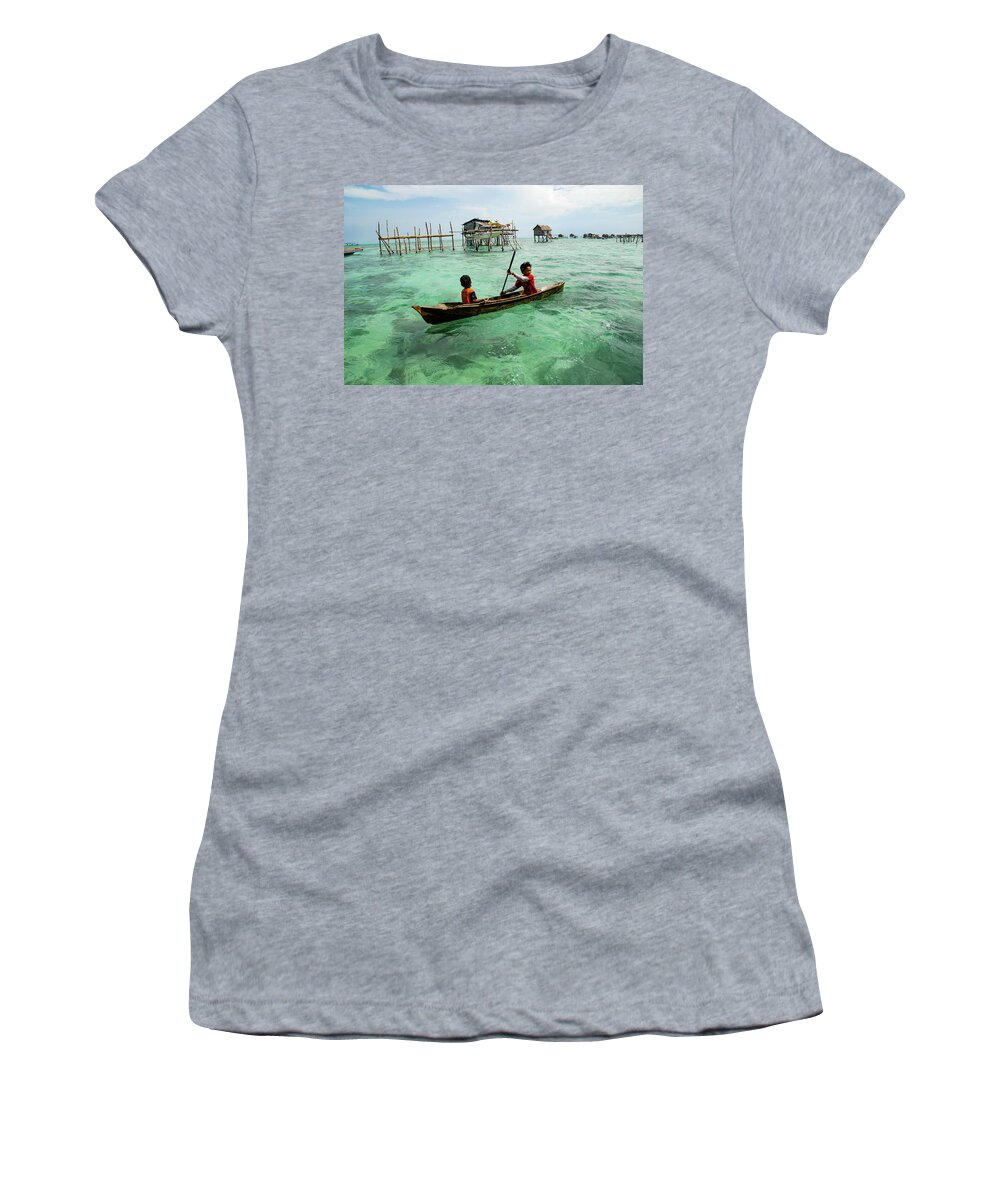 Sea Women's T-Shirt featuring the photograph Neptune's Children - Sea Gypsy Village, Sabah. Malaysian Borneo by Earth And Spirit