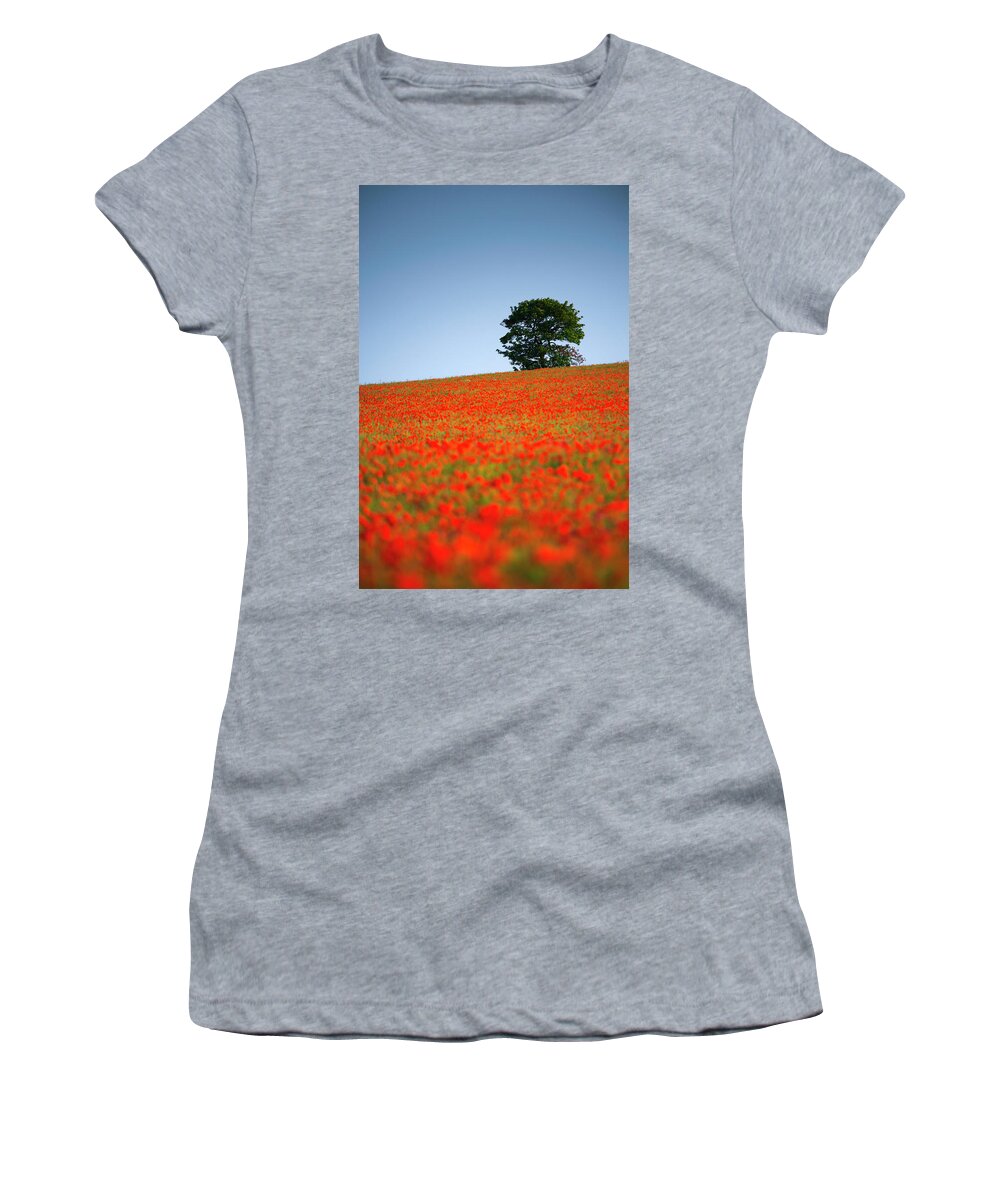 Alan Copson Women's T-Shirt featuring the photograph Tree in a Poppy Field #1 by Alan Copson