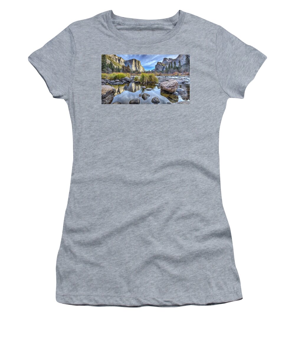 Valley View Yosemite National Park Reflections Of El Capitan In The Merced River Women's T-Shirt featuring the photograph Valley View Yosemite National Park Reflections of El Capitan in the Merced River #1 by Dustin K Ryan