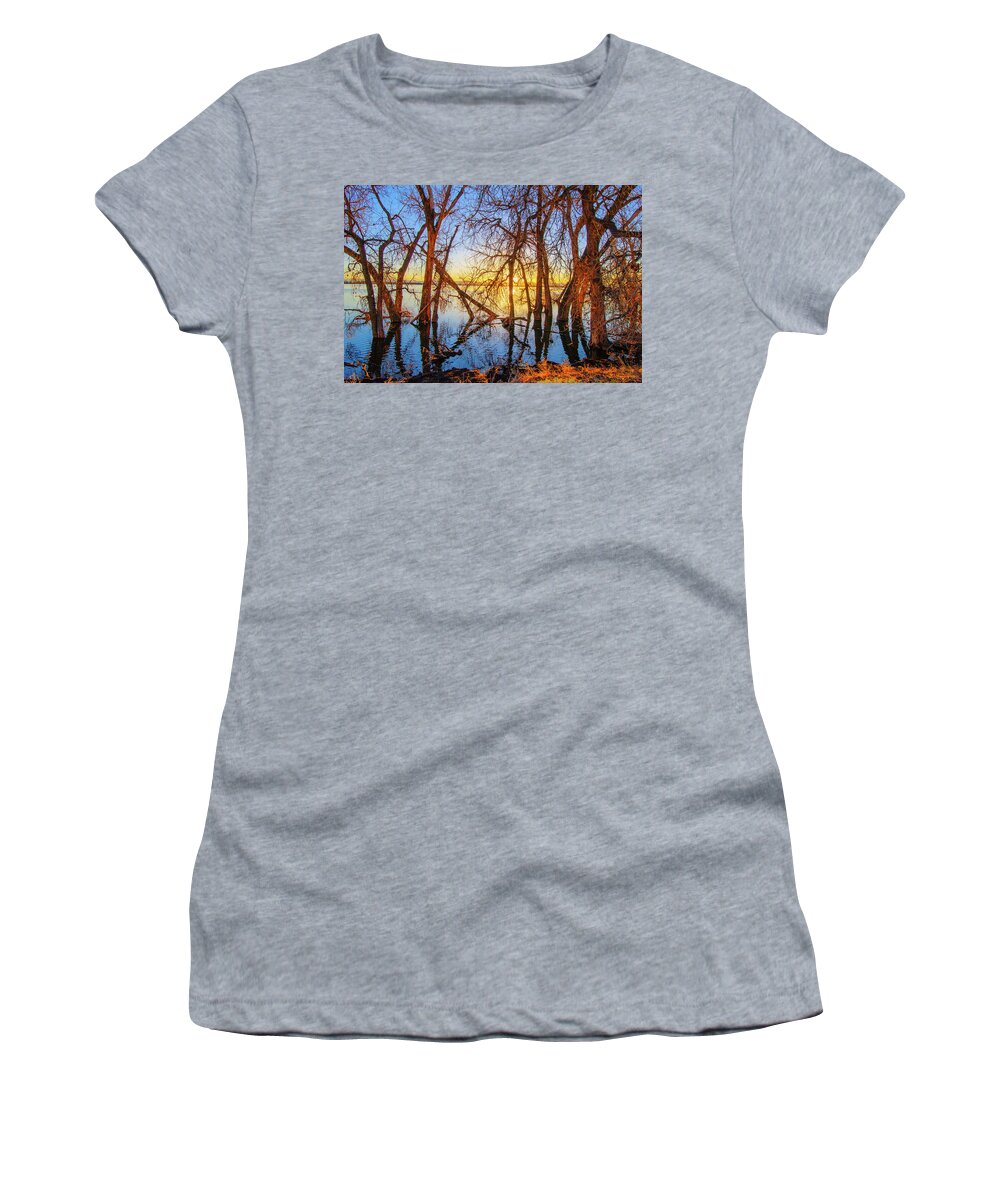 Autumn Women's T-Shirt featuring the photograph Twisted Trees On Lake at Sunset by Tom Potter