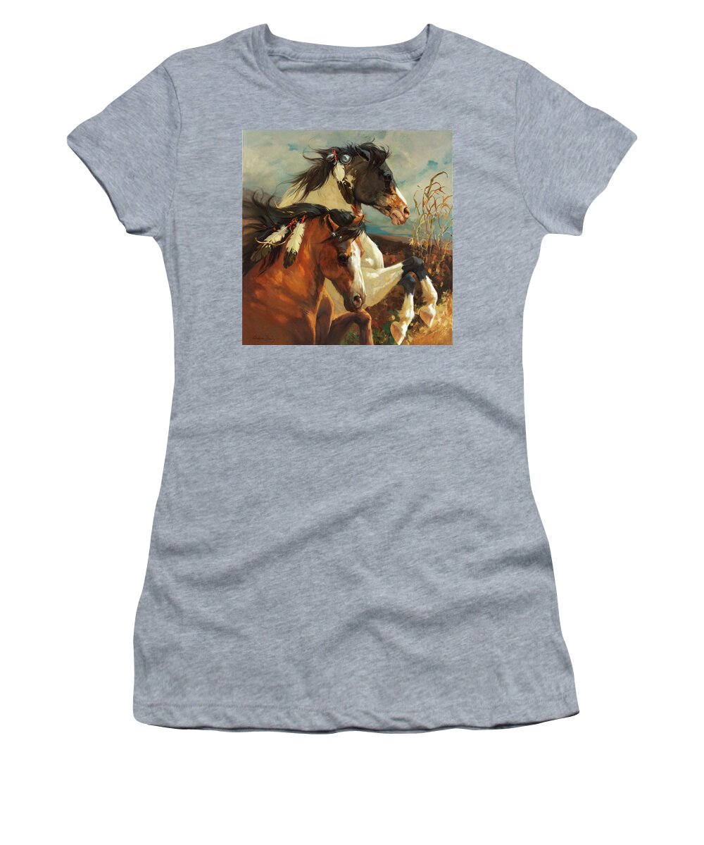 Horses Women's T-Shirt featuring the painting Wind Voyagers #1 by Carolyne Hawley