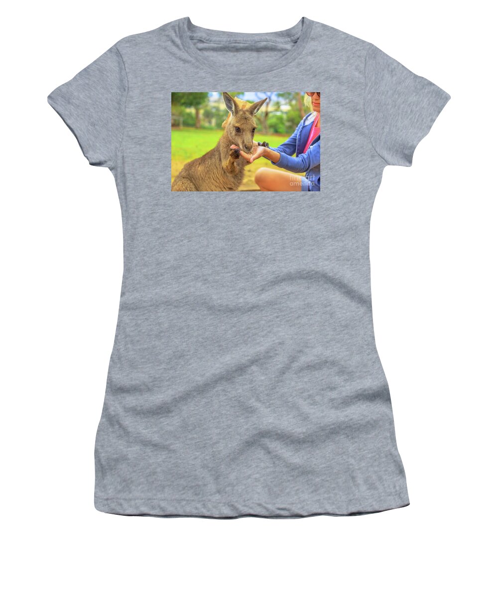 Kangaroos Women's T-Shirt featuring the photograph Woman with kangaroo #1 by Benny Marty